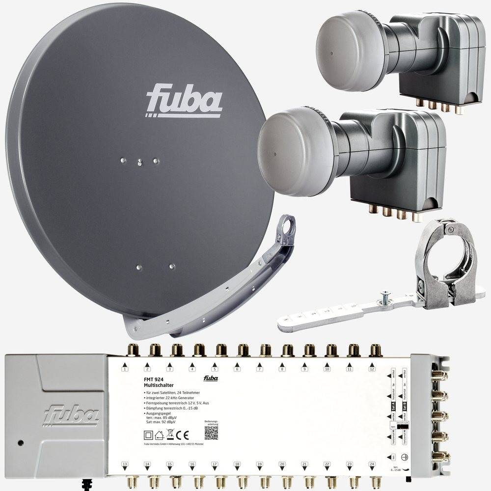 Fuba Sat Anlage 24 Teilnehmer - 2 Satelliten (z.B. Astra/Hotbird) | Satellitenschüssel Komplettset - DAA 850 A Sat-Schüssel 85cm Alu anthrazit + 2x