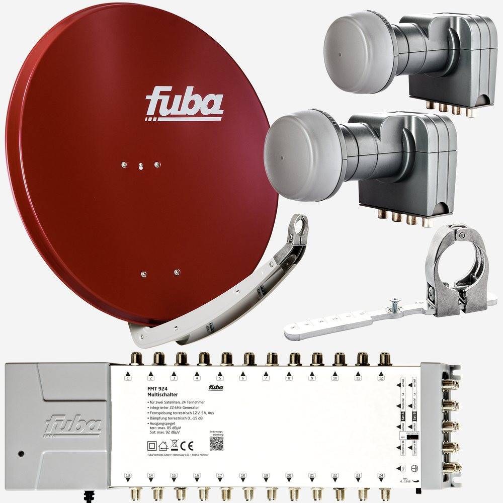 Fuba Sat Anlage 24 Teilnehmer - 2 Satelliten (z.B. Astra/Hotbird) | Satellitenschüssel Komplettset - DAA 850 R Sat-Schüssel 85cm Alu rot + 2x LNB