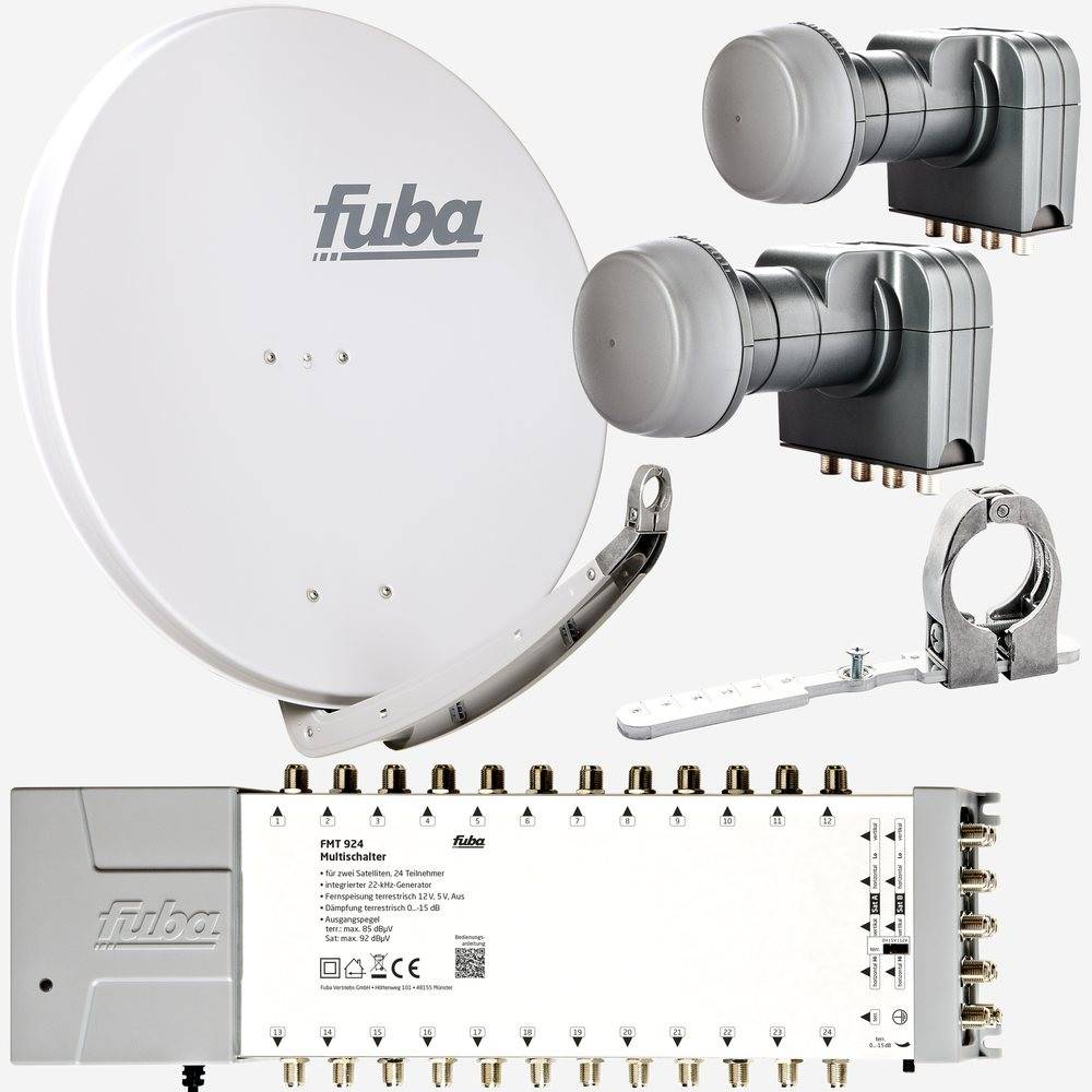 Fuba Sat Anlage 24 Teilnehmer - 2 Satelliten (z.B. Astra/Hotbird) | Satellitenschüssel Komplettset - DAA 850 G Sat-Schüssel 85cm Alu hellgrau + 2x