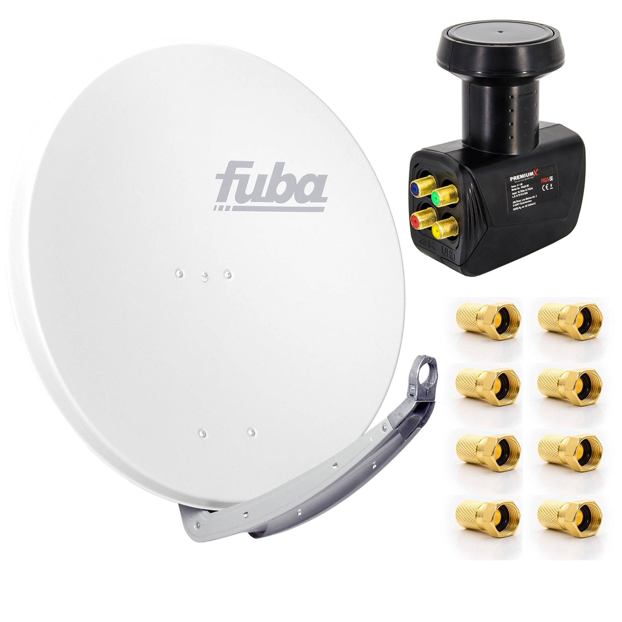 Premium X Satelliten-Komplettanlage Fuba DAA 850 W Satellitenschüssel Alu Weiß Quad LNB schwarz 8x F-Stecker für 4 Teilnehmer