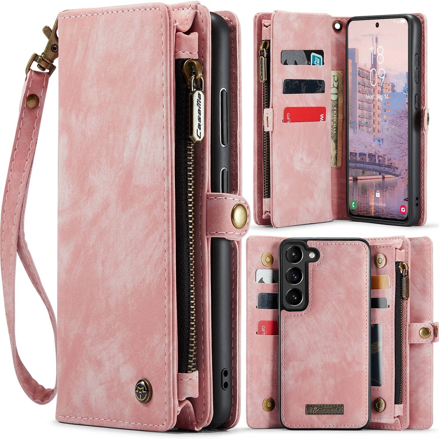 Für Samsung Galaxy S24 Plus CaseMe Kunstleder Multifunktion Zipper Wallet Tasche Pink