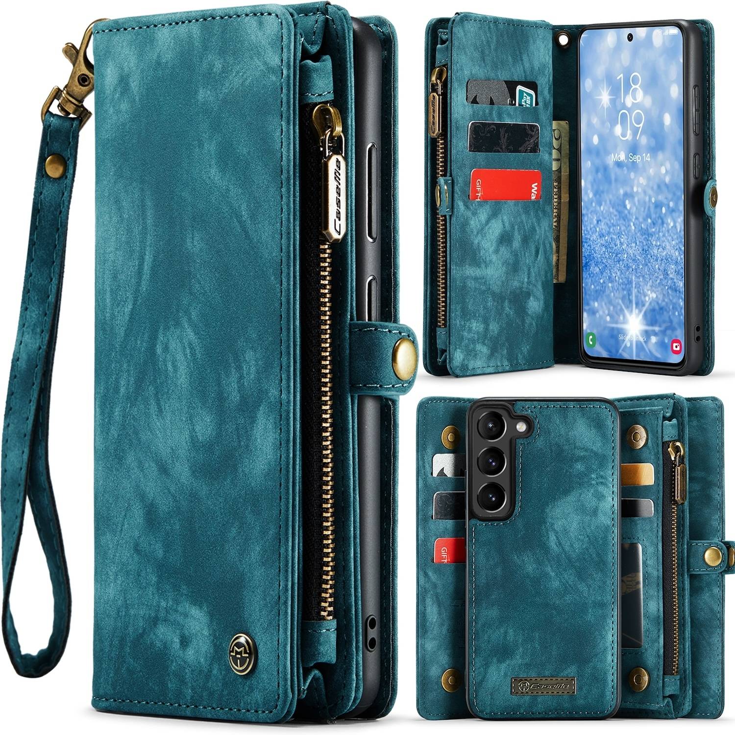 Für Samsung Galaxy S24 Plus CaseMe Kunstleder Multifunktion Zipper Wallet Tasche Blau