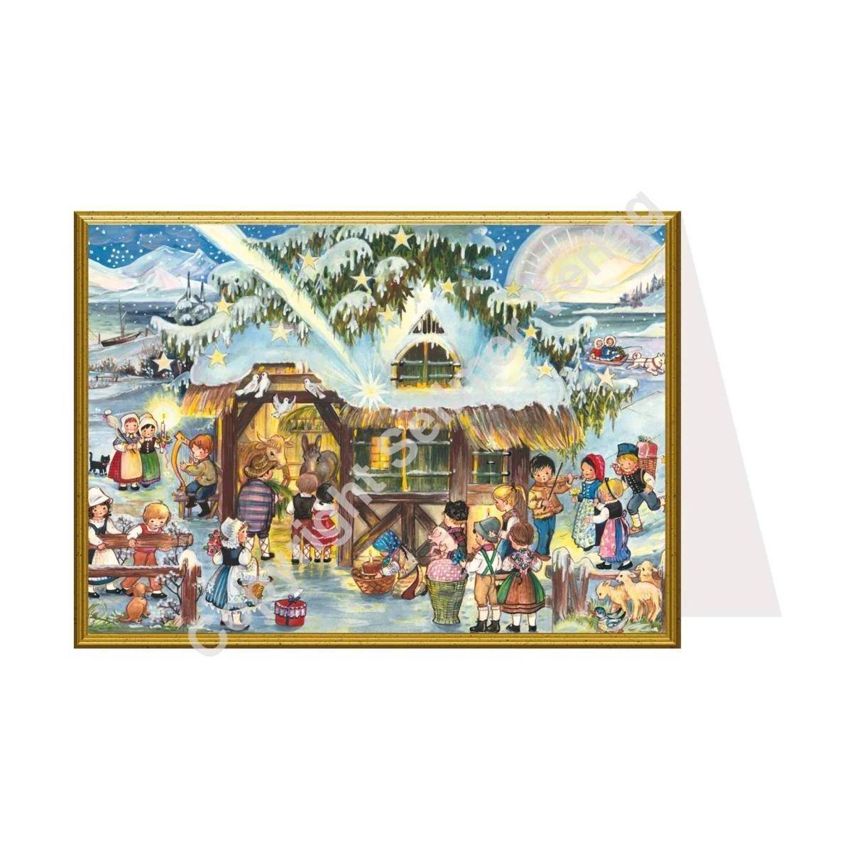 Weihnachtskarte - Buntes Treiben am Stall