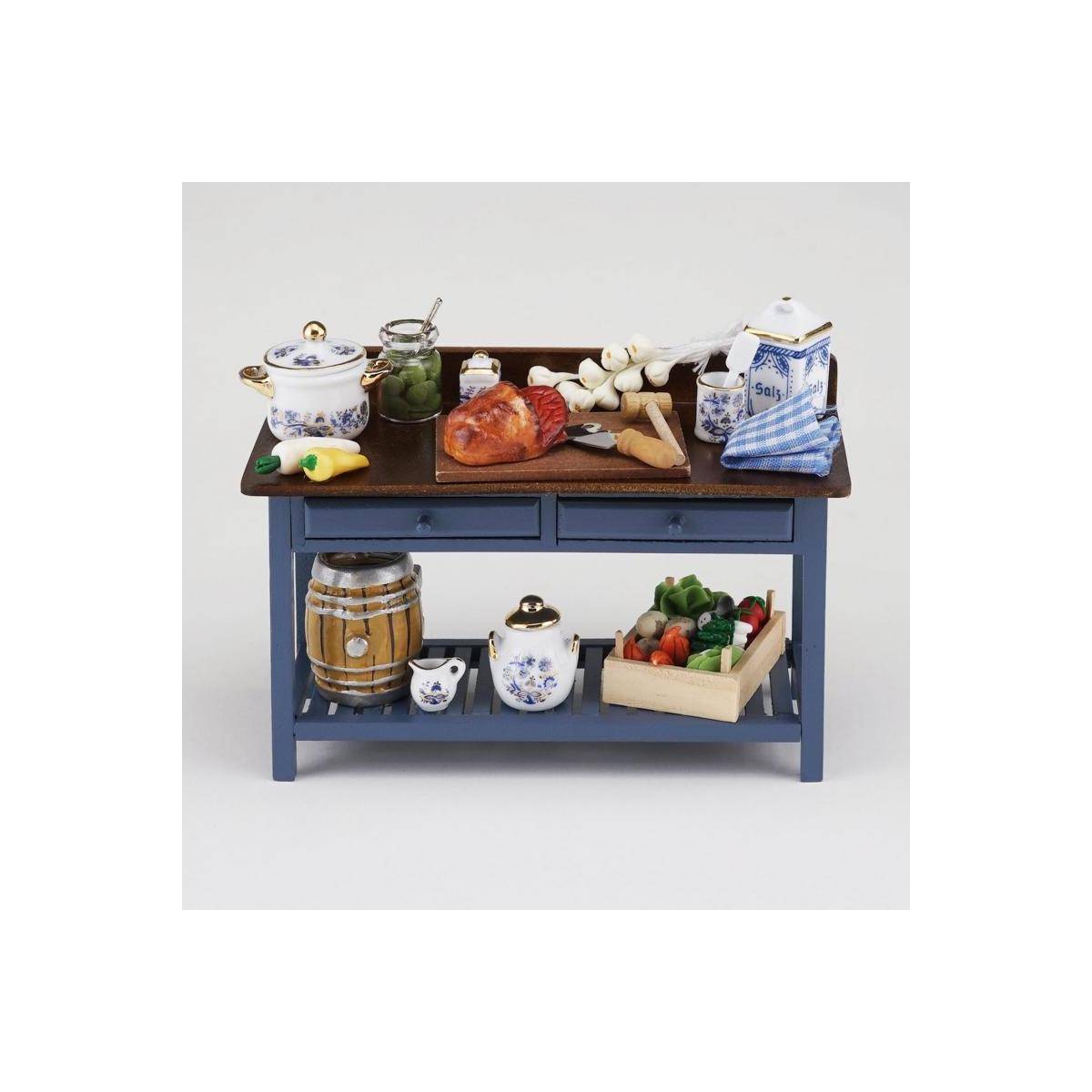 001.525/0 - Miniatur, großer blauer Arbeitstisch "Goldzwiebel"