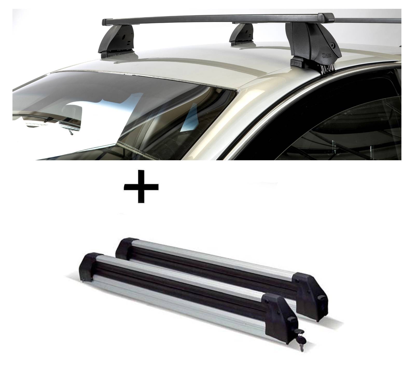 Skiträger Silver Ice ausziehbar + Dachträger K1 MEDIUM kompatibel mit für Ford Mondeo IV (4Türer) ab 14
