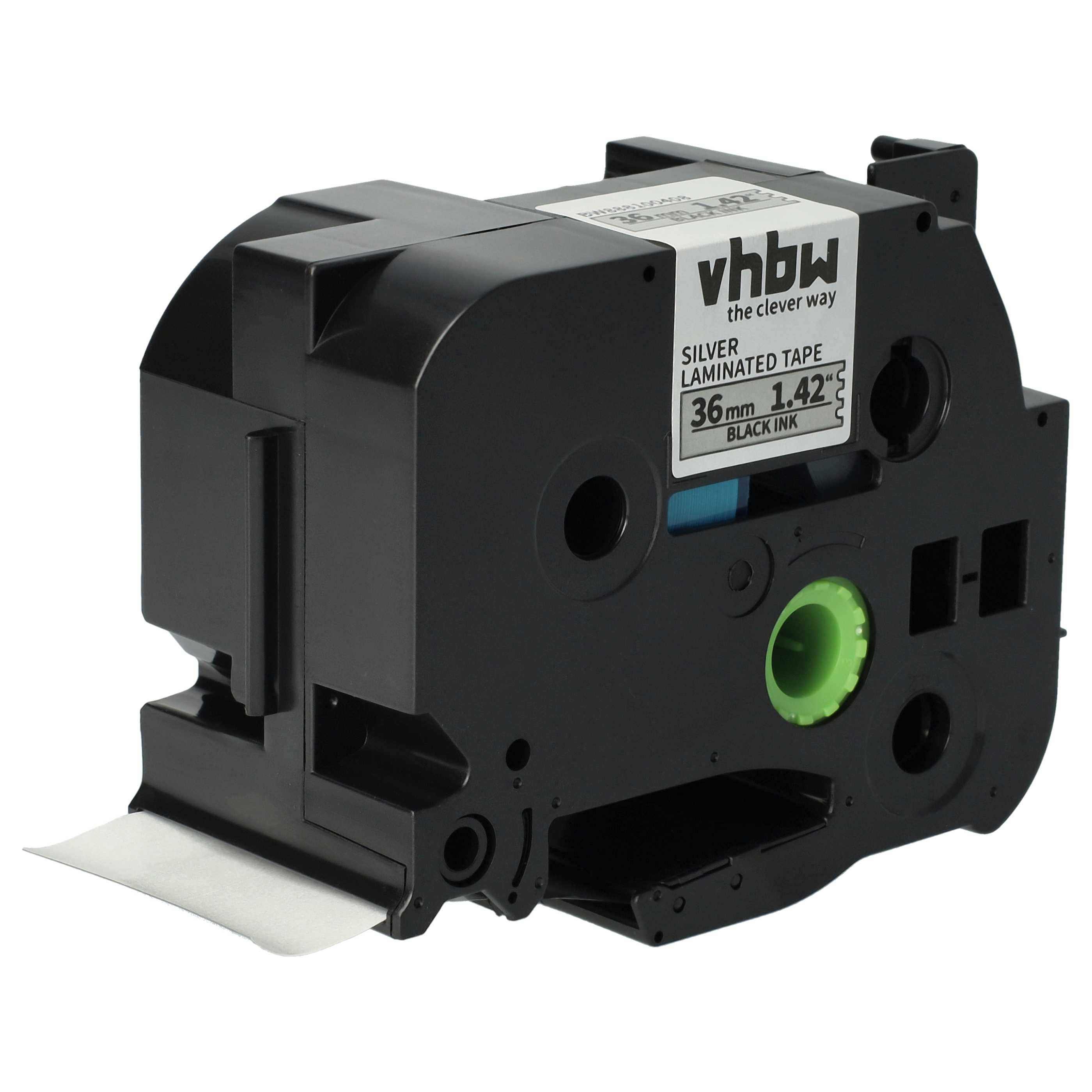 vhbw 1x Schriftband-Kassette kompatibel mit Brother PT 550, 9200, 550A, 3600, 530, 9200DX Etiketten-Drucker 8m x 36mm Schwarz auf Silber, Laminiert