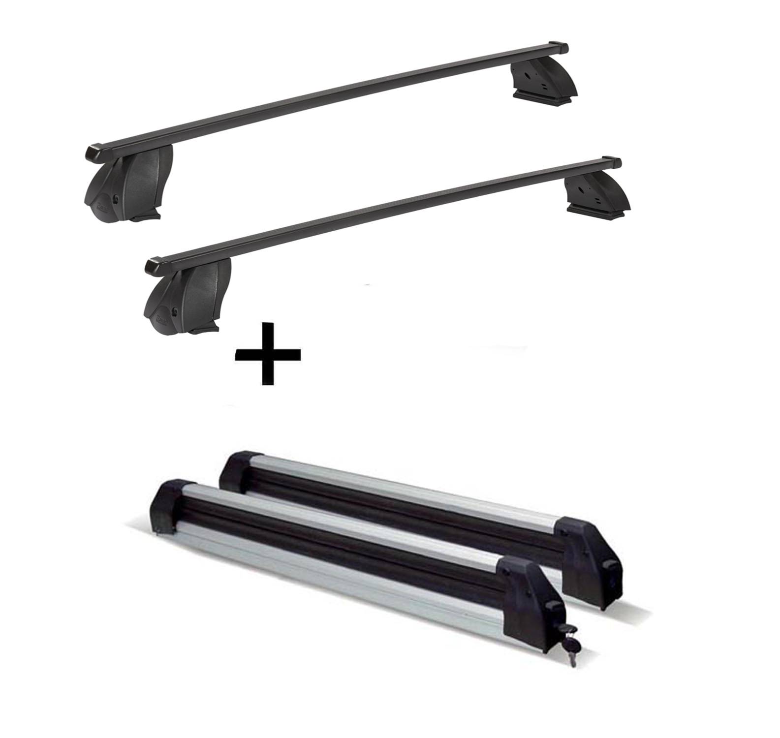 Skiträger Silver Ice ausziehbar + Dachträger K1 MEDIUM kompatibel mit für Mercedes CLS (C219) (4Türer) ab 10