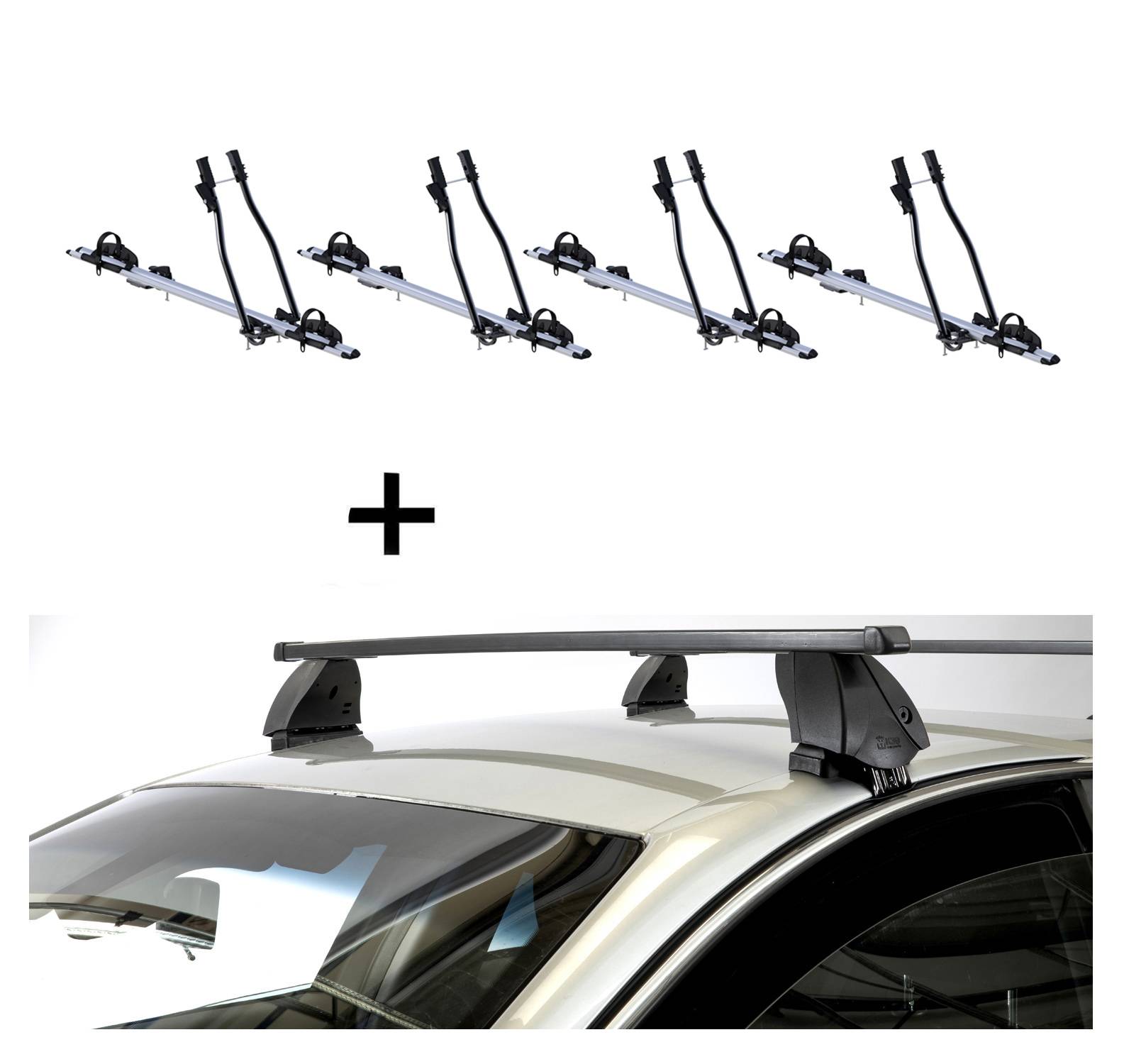 4x Fahrradträger SAGITTAR + Dachträger K1 MEDIUM kompatibel mit für Mitsubishi L200 / Triton III (K60T) (4Türer) 96-05