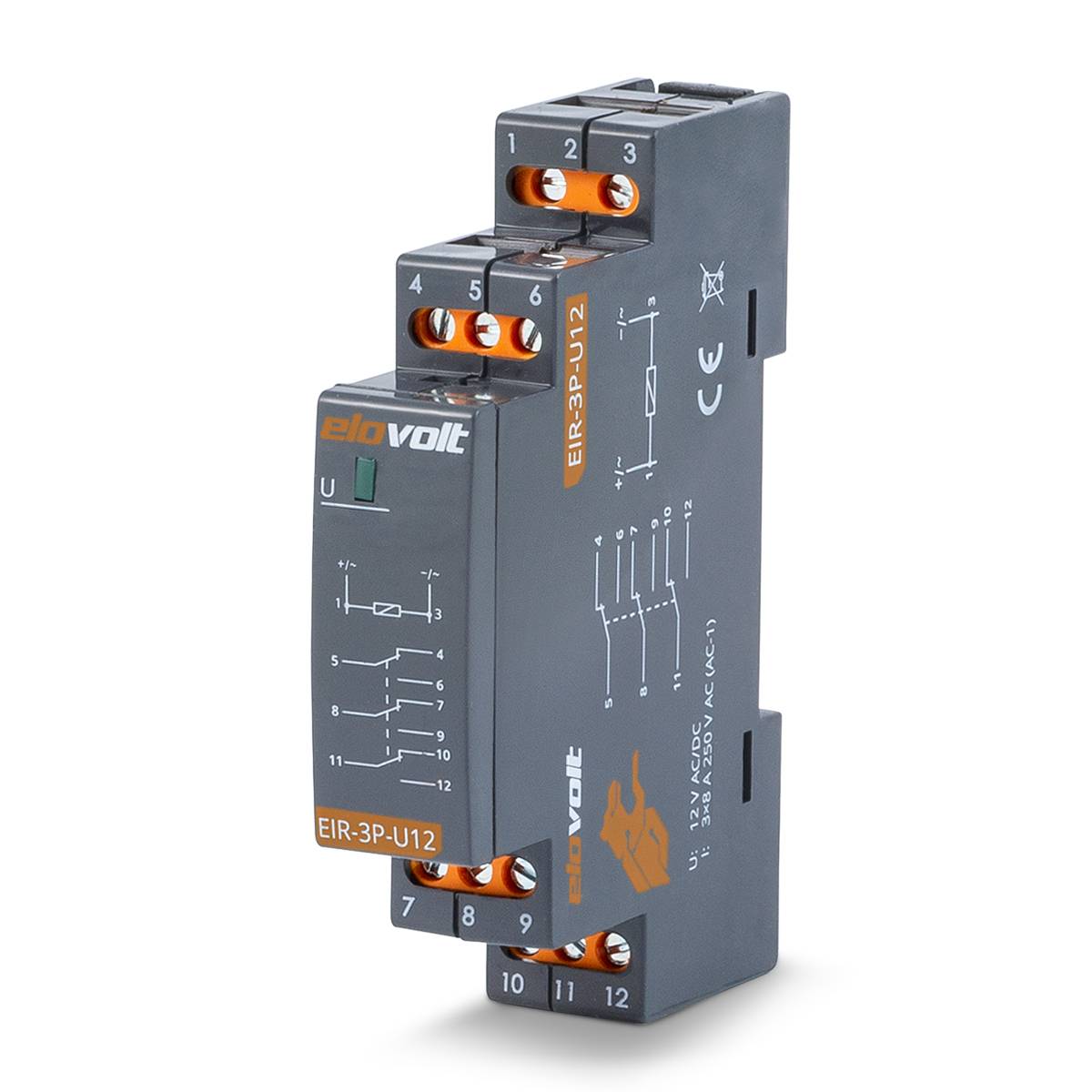 ELOVOLT EIR-3P-U12 - Schaltrelais 12V AC/DC 3 Wechsler 8A Installationsrelais