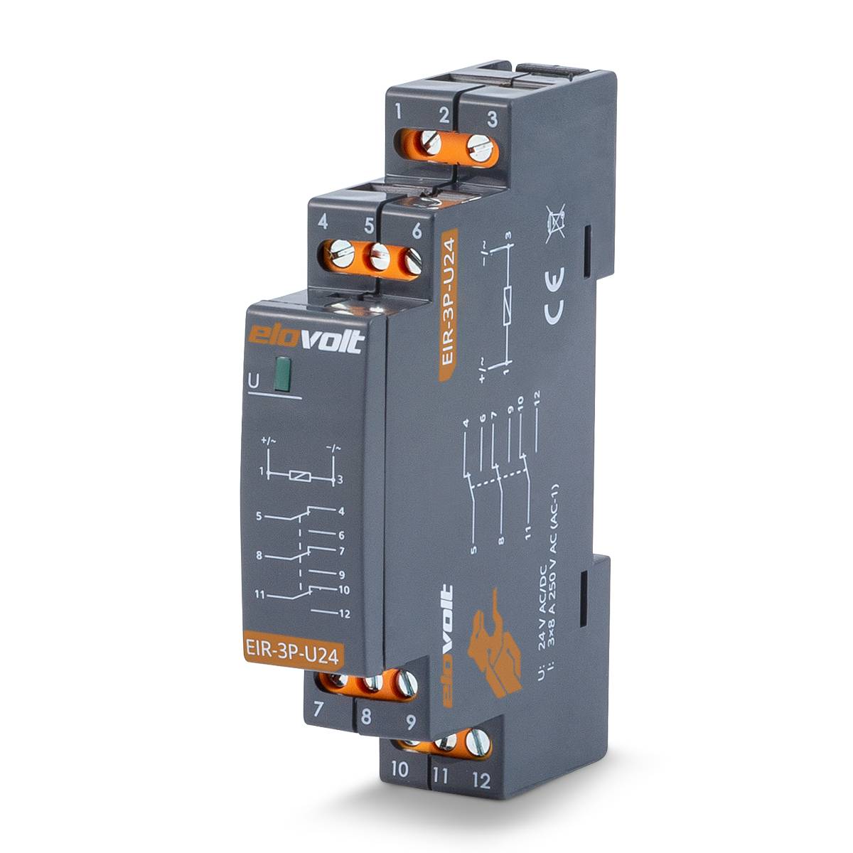 ELOVOLT EIR-3P-U24 - Schaltrelais 24V AC/DC 3 Wechsler 8A Installationsrelais