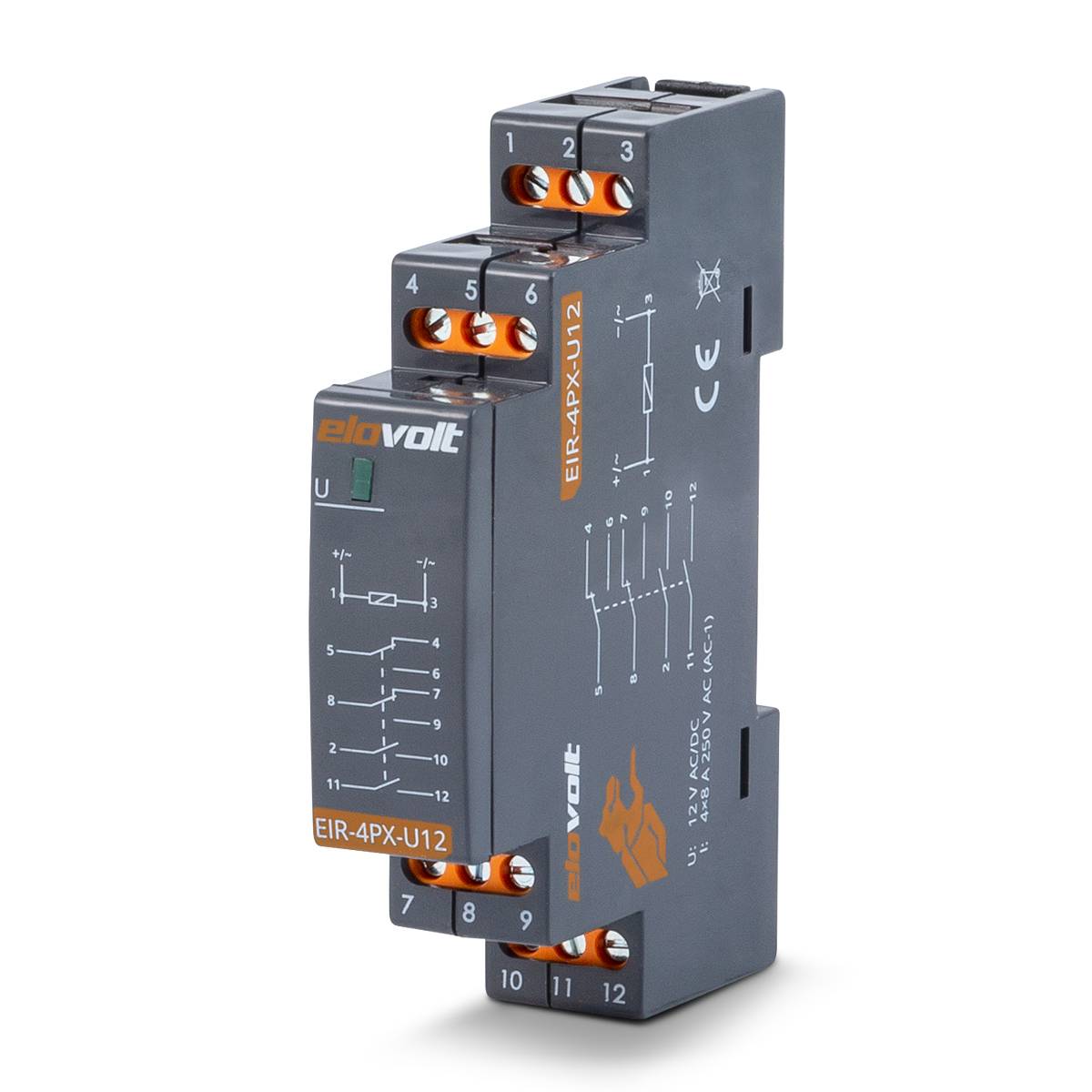 ELOVOLT EIR-4PX-U12 - Schaltrelais 4 Schliesser 12V AC/DC 8A Installationsrelais