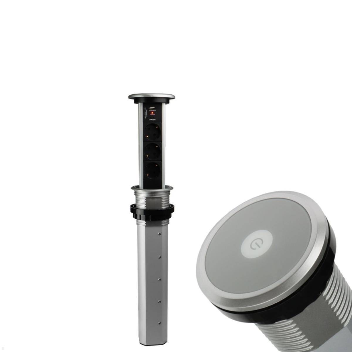 TecLines TVS007S versenkbare 3-fach Steckdosenleiste mit USB-Charger A/C, silber