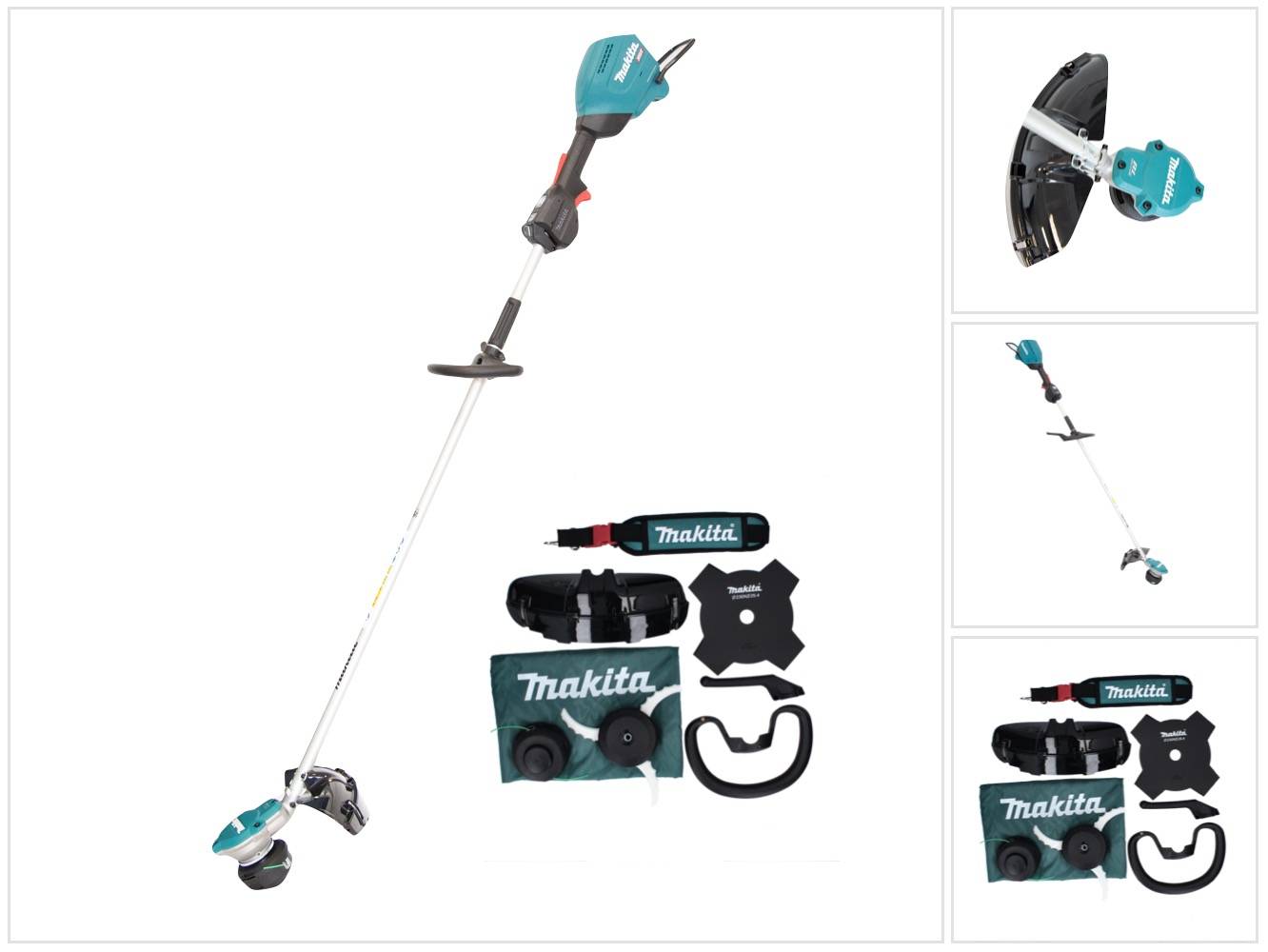 Makita UR 003 GZ01 Akku Freischneider 40 V Brushless IPX4 + Schultergurt + Messerkopf + Fadenkopf + Schlagmesser + Tasche - ohne Akku, ohn
