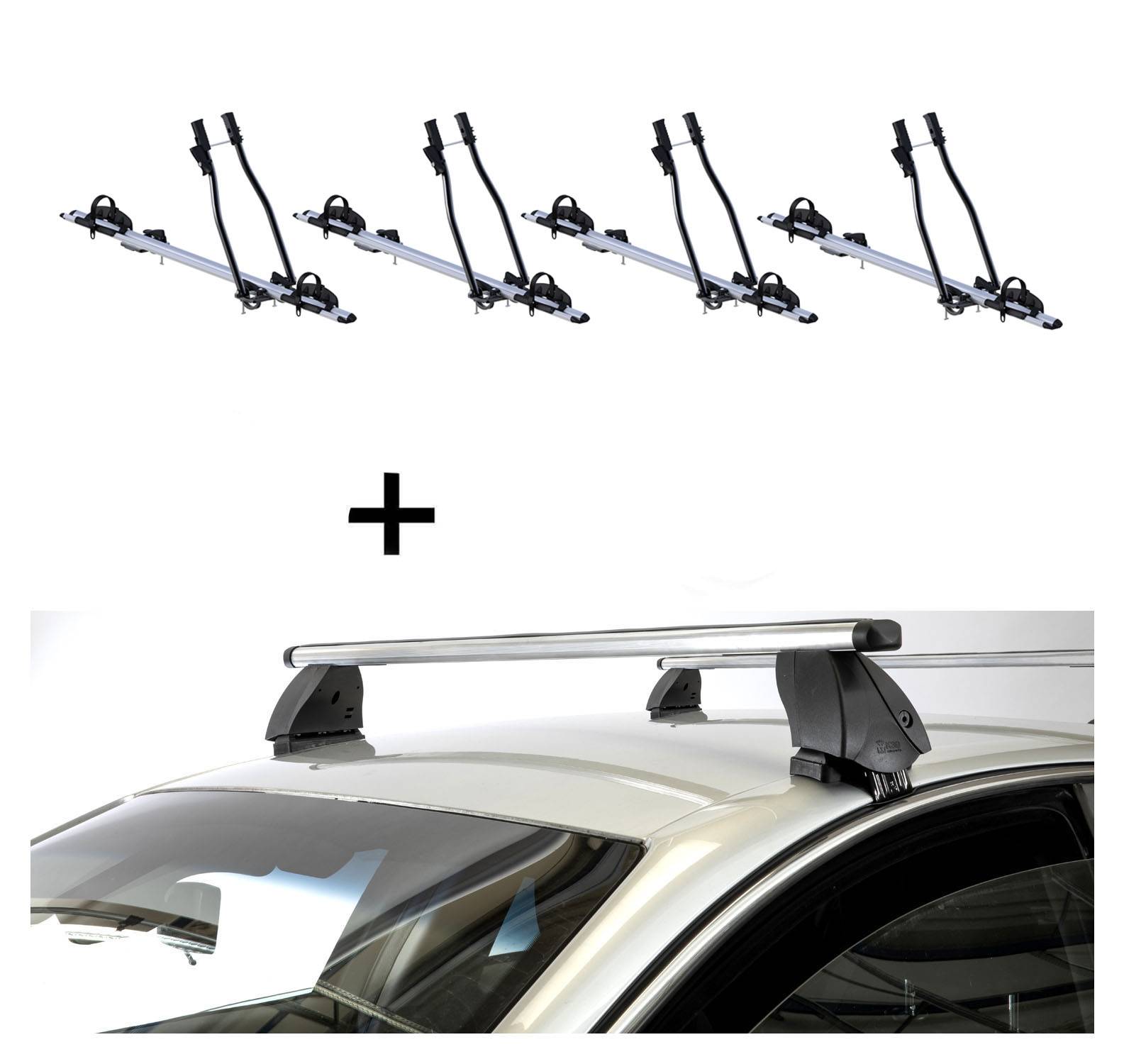 4x Fahrradträger SAGITTAR + Dachträger K1 PRO Aluminium kompatibel mit für Subaru Pleo (5Türer) ab 07