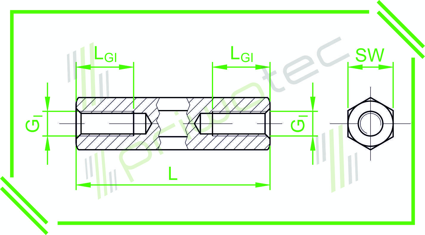 Abstandsbolzen I/I SW8x35 I=M5x10 | I=M5x10 Edelstahl 1.4305 - blank (100 Stk.)