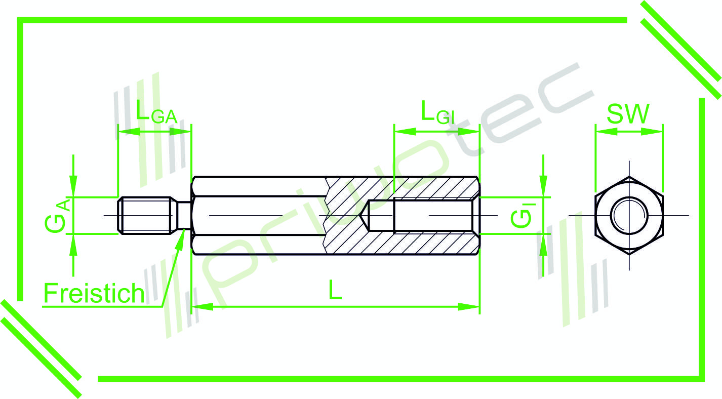 Abstandsbolzen I/A SW10x50 I=M6x12 | A=M6x10 mit Freistich Edelstahl 1.4305 - blank (100 Stk.)