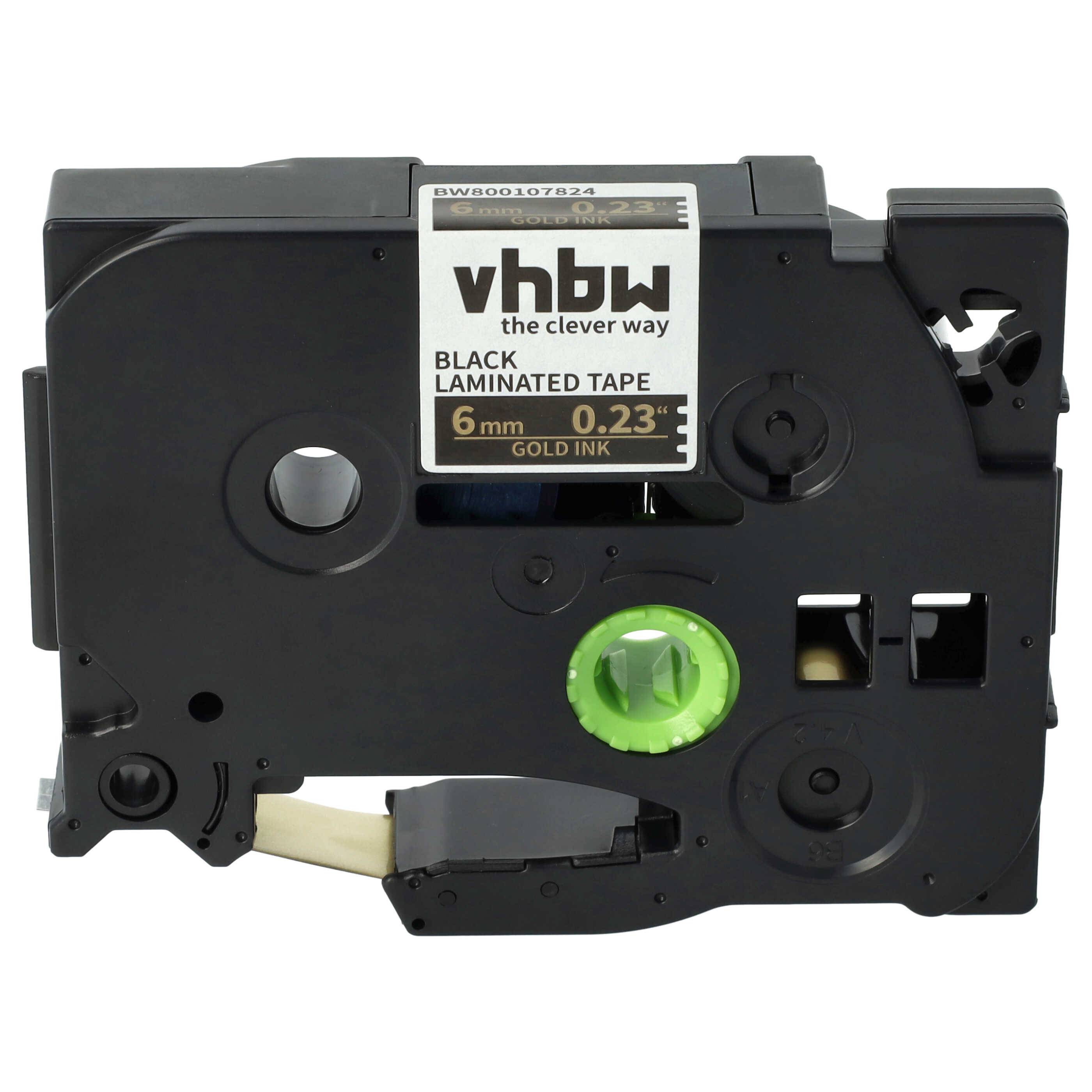 vhbw Schriftband-Kassette kompatibel mit Brother PT 2480 | 300, 3600, 350, 340, 310, 500-Serie, 300-Serie Etiketten-Drucker 8m x 6mm Gold auf