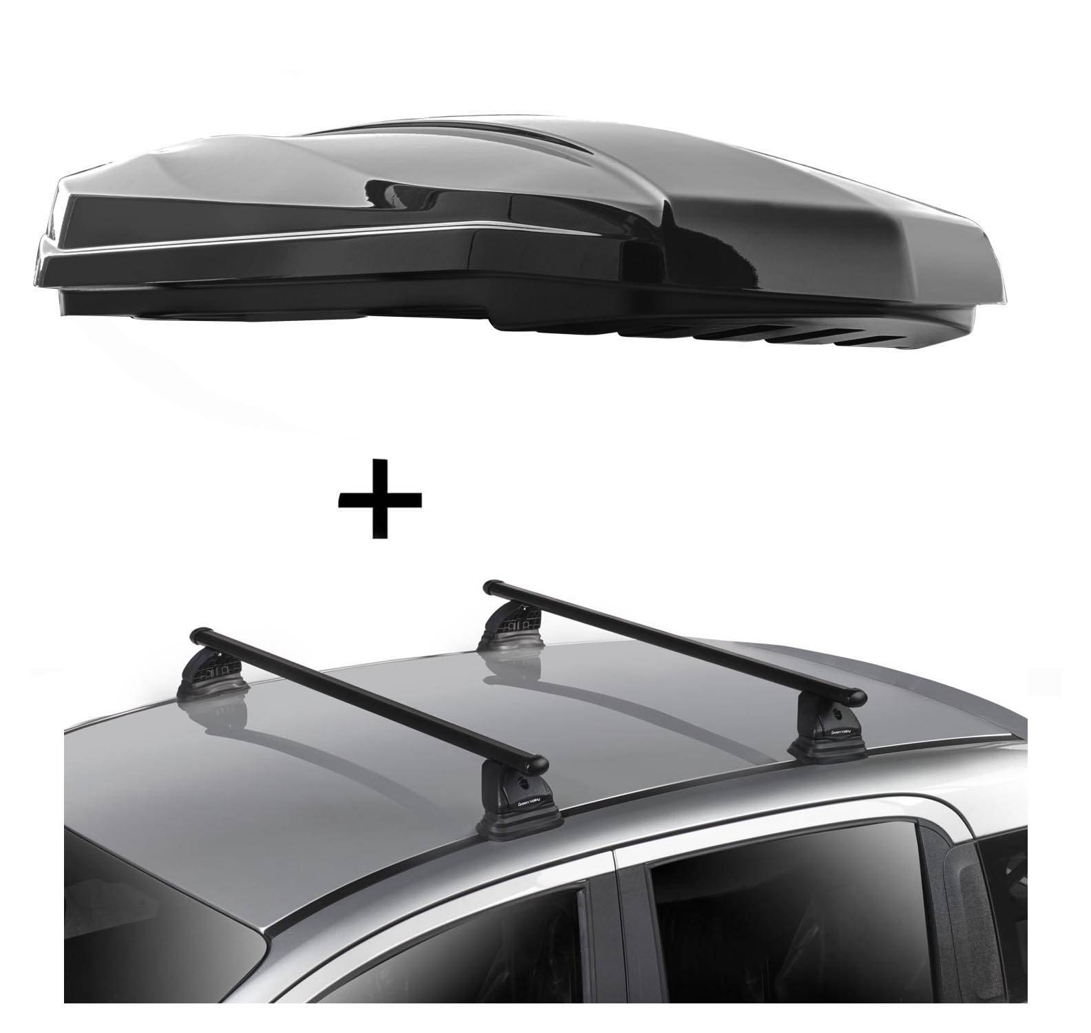 DACHBOX STRIKE 440 Liter schwarz hochglanz + Dachträger VDP EVO Stahl kompatibel mit für Skoda Fabia (6Y) 5 Türer 1999-2007