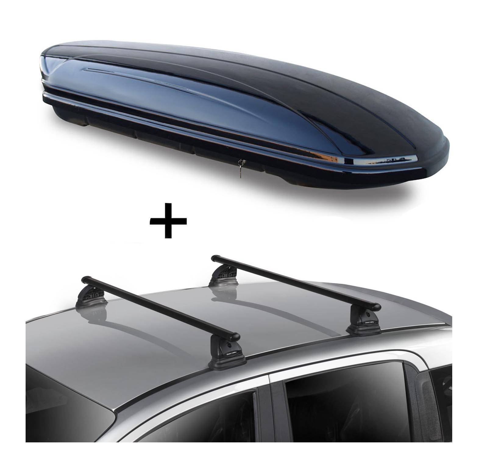 Dachbox VDPMAA460 460 Liter schwarz glänzend abschließbar + Dachträger VDP EVO Stahl kompatibel mit für VW Caddy III 3-5 Türer 2003-2015