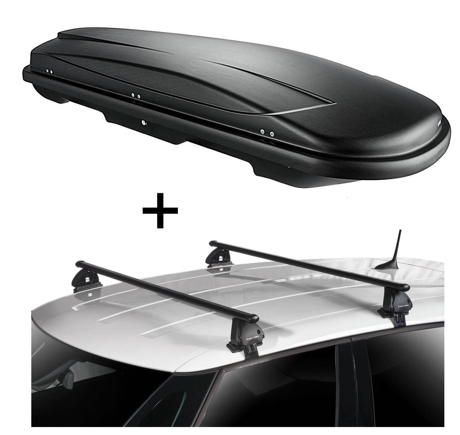 Dachbox VDPJUXT400 400 Liter schwarz abschließbar + Dachträger VDP EVO Stahl kompatibel mit für Opel Grandland X 5 Türer ab 2017