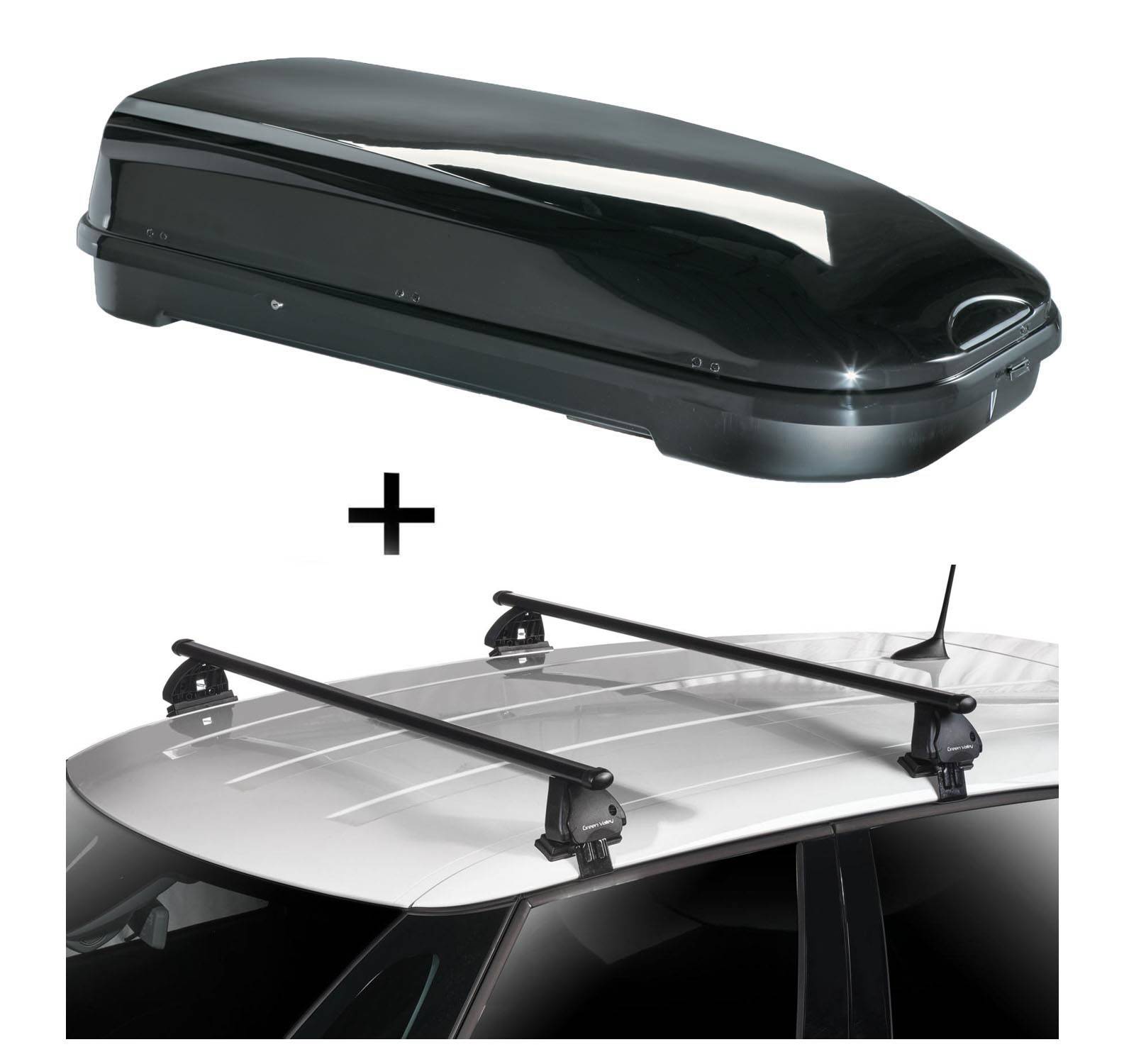 Dachbox VDPFL580 580 Liter schwarz glänzend + Dachträger VDP EVO Stahl kompatibel mit für Fiat 500 L 5 Türer ab 2012