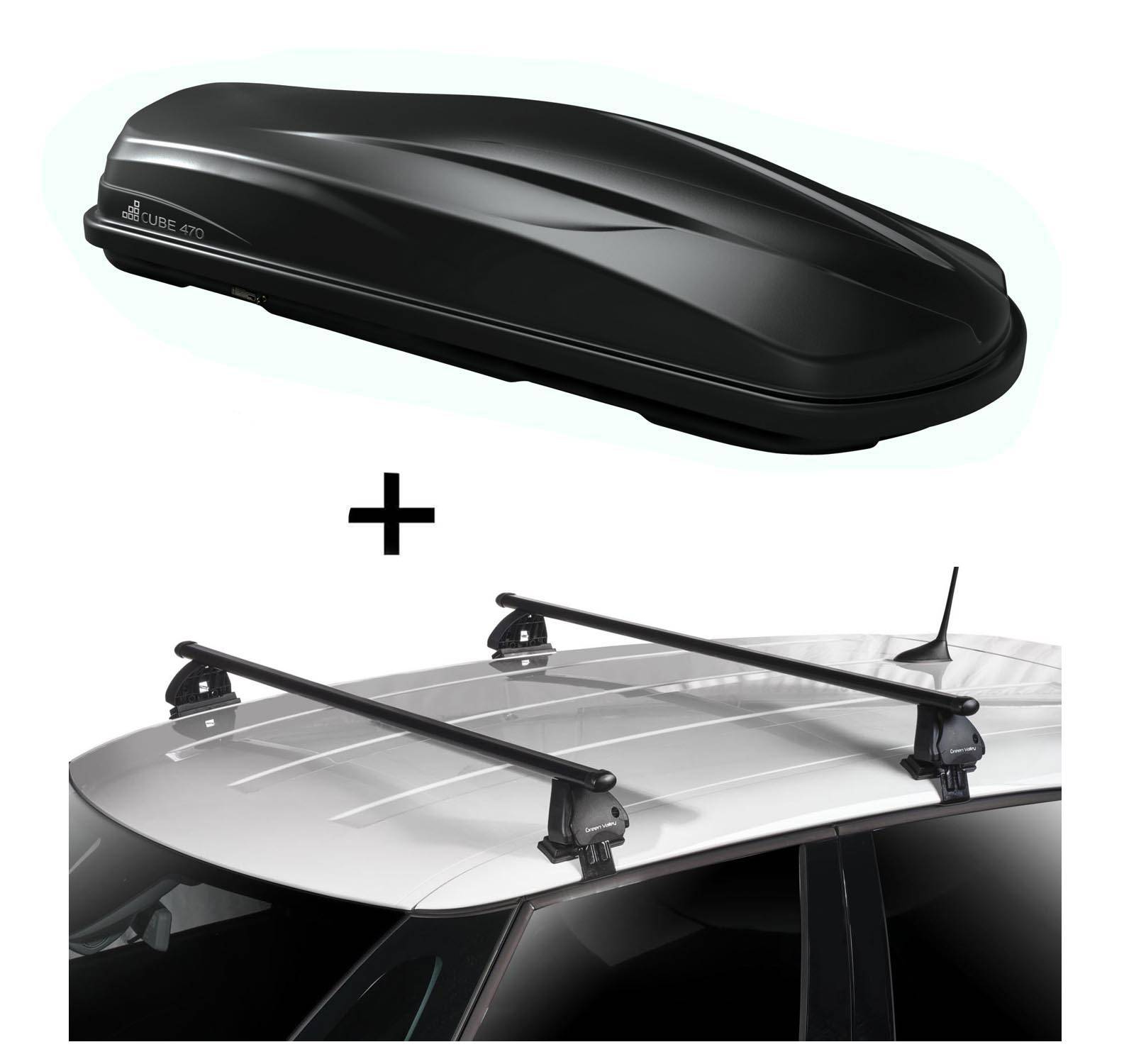 Dachbox CUBE470 470 Liter schwarz glänzend + Dachträger VDP EVO Stahl kompatibel mit für Seat Leon (5F) 5 Türer 2013-2020