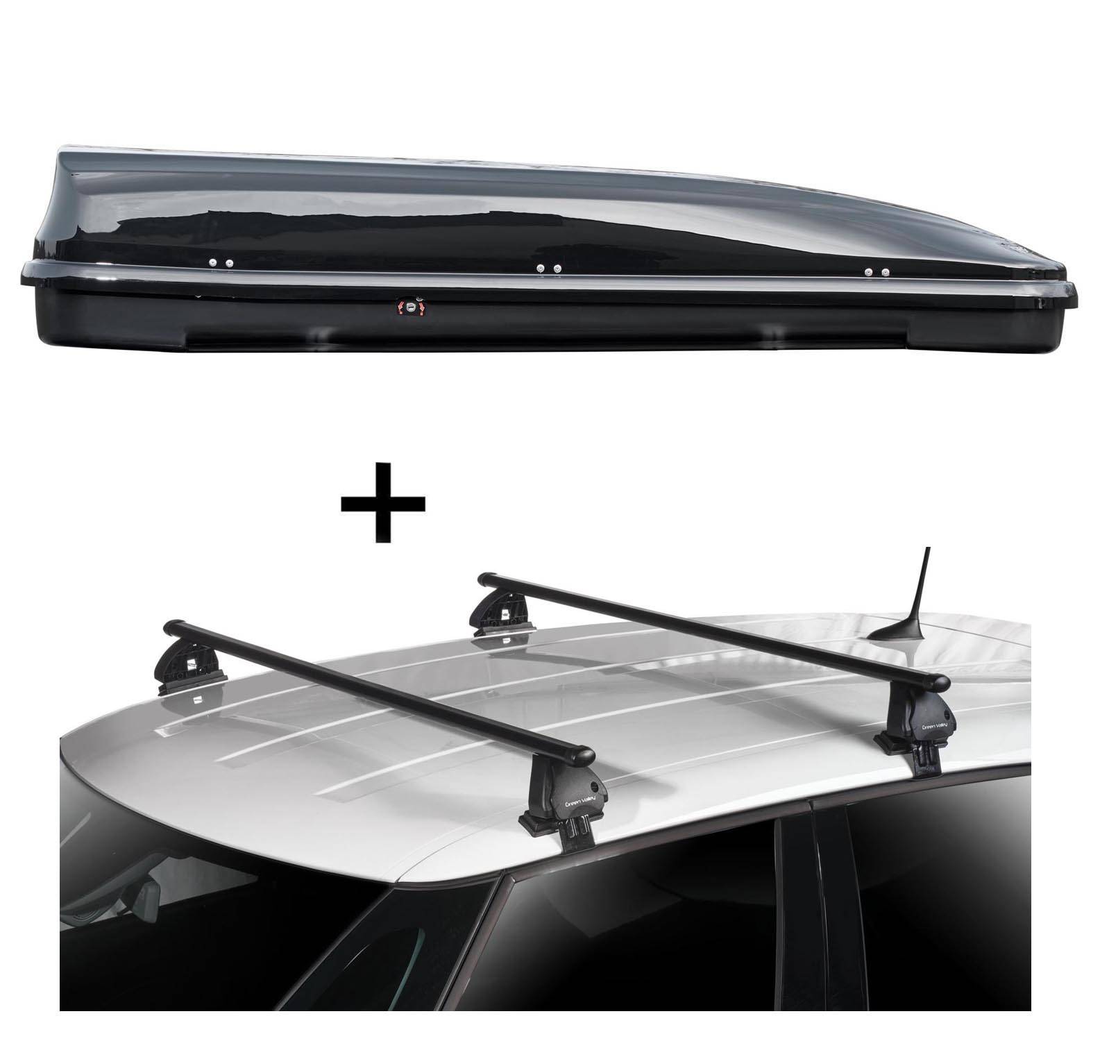 Dachbox VDPFL460 460 Liter schwarz glänzend + Dachträger VDP EVO Stahl kompatibel mit für VW Polo V (6R) 5 Türer 2009-2017