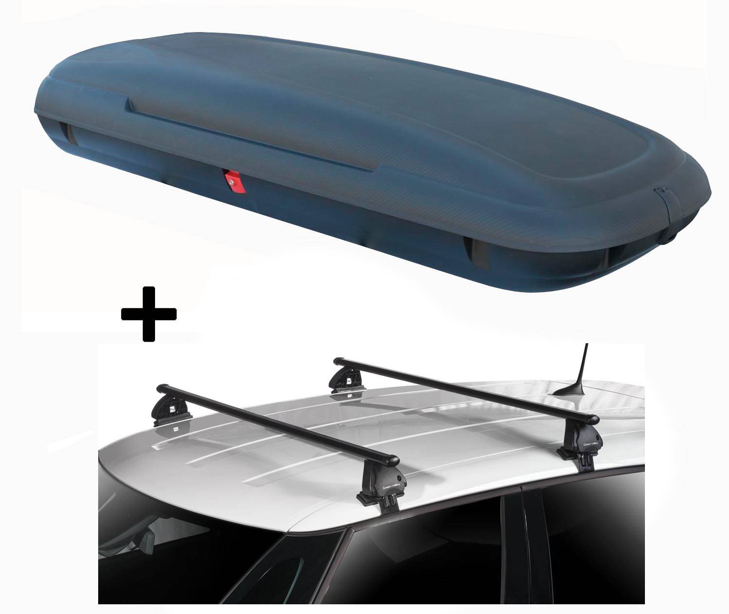 Dachbox VDPCA480 480 Liter carbonlook + Dachträger VDP EVO Stahl kompatibel mit für Hyundai i20 (PB) 5 Türer 2008-2014