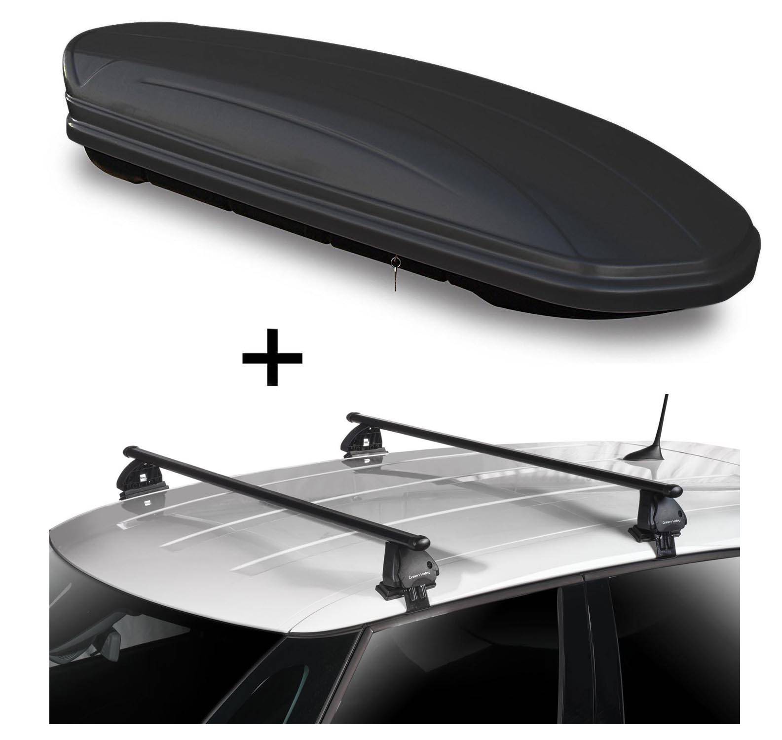 Dachbox VDPMAA460 460 Liter schwarz matt abschließbar + Dachträger VDP EVO Stahl kompatibel mit für Toyota Aygo (AB10) 5 Türer 2005-2014
