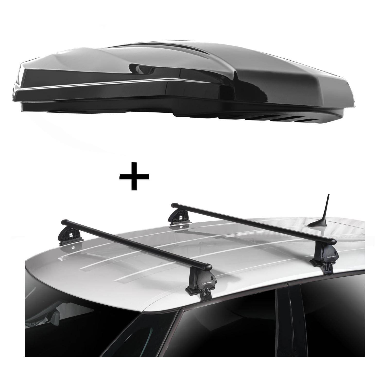 DACHBOX STRIKE 440 Liter schwarz hochglanz + Dachträger VDP EVO Stahl kompatibel mit für VW Polo IV (9N) 3 Türer 2001-2009
