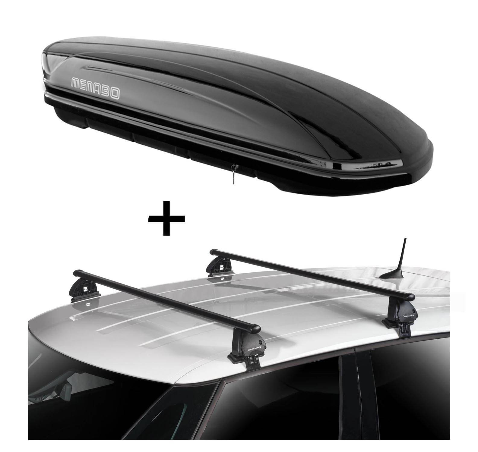 Dachbox MAA400 400 Liter schwarz + Dachträger VDP EVO Stahl kompatibel mit für Peugeot 108 5 Türer ab 2014