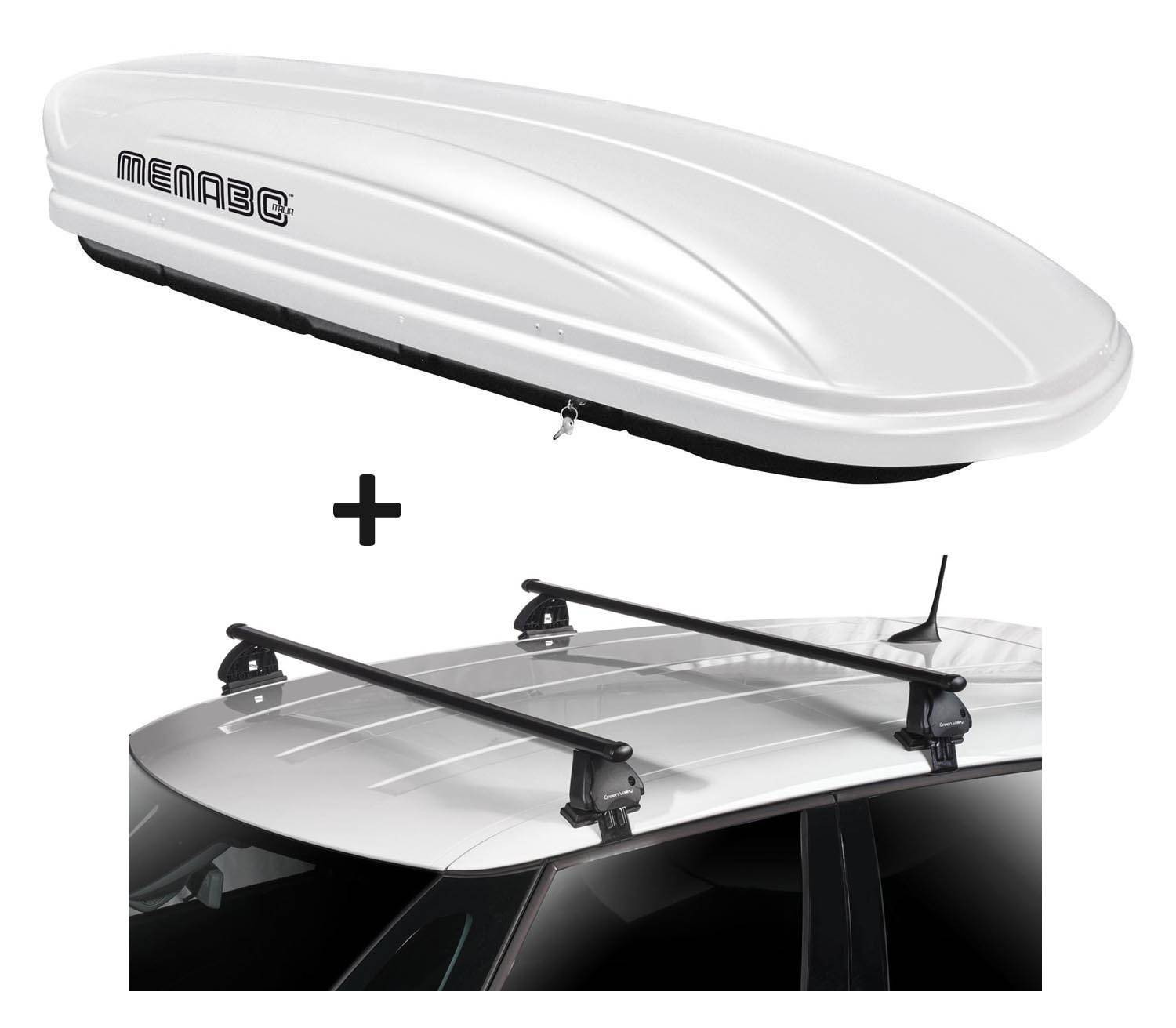 Dachbox VDPMAA320 320 Liter abschließbar weiß + Dachträger VDP EVO Stahl kompatibel mit für Seat Leon (5F) 5 Türer 2013-2020