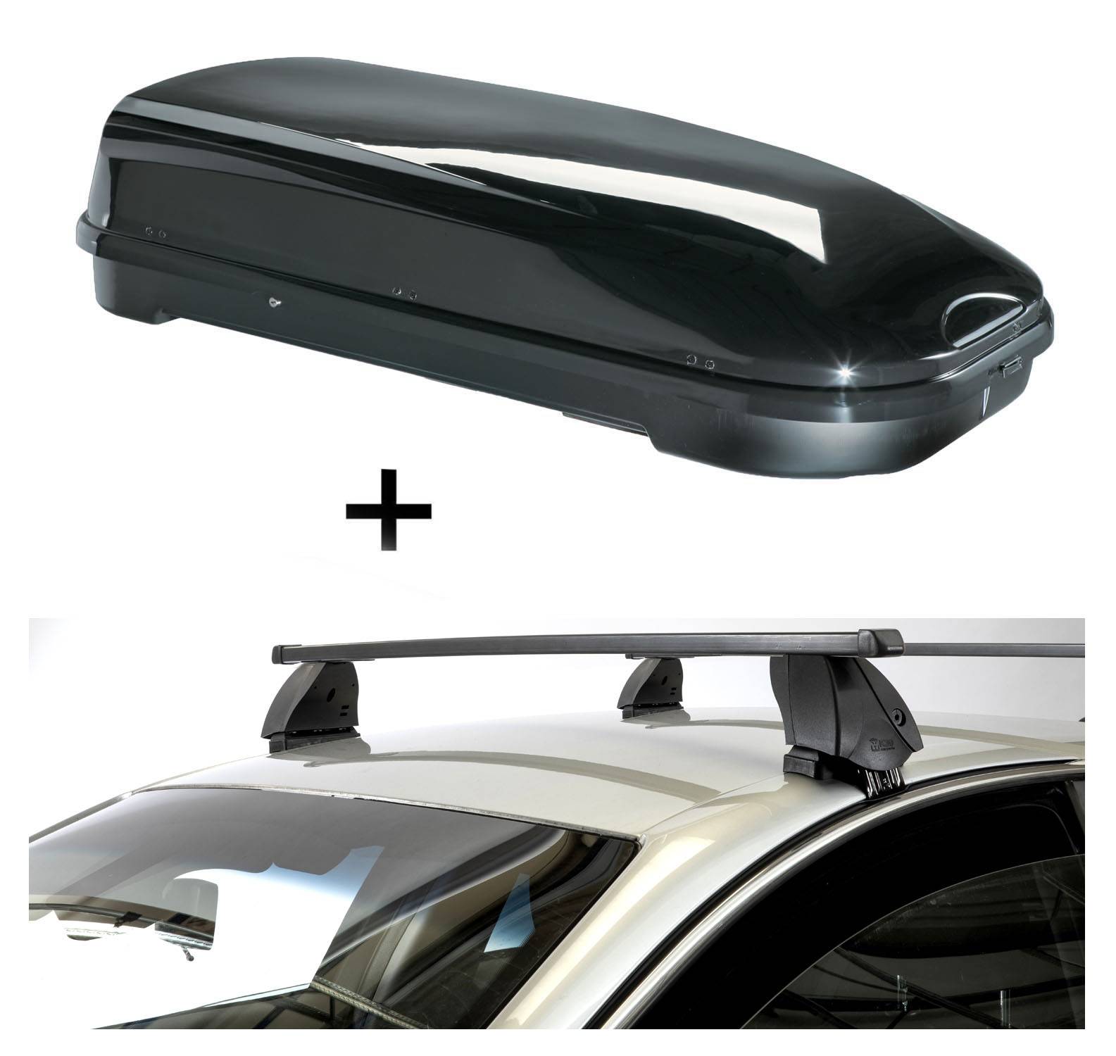 Dachbox VDPFL580 580 Liter schwarz glänzend + Dachträger K1 MEDIUM kompatibel mit für Seat Ibiza IV (5Türer) 08-17