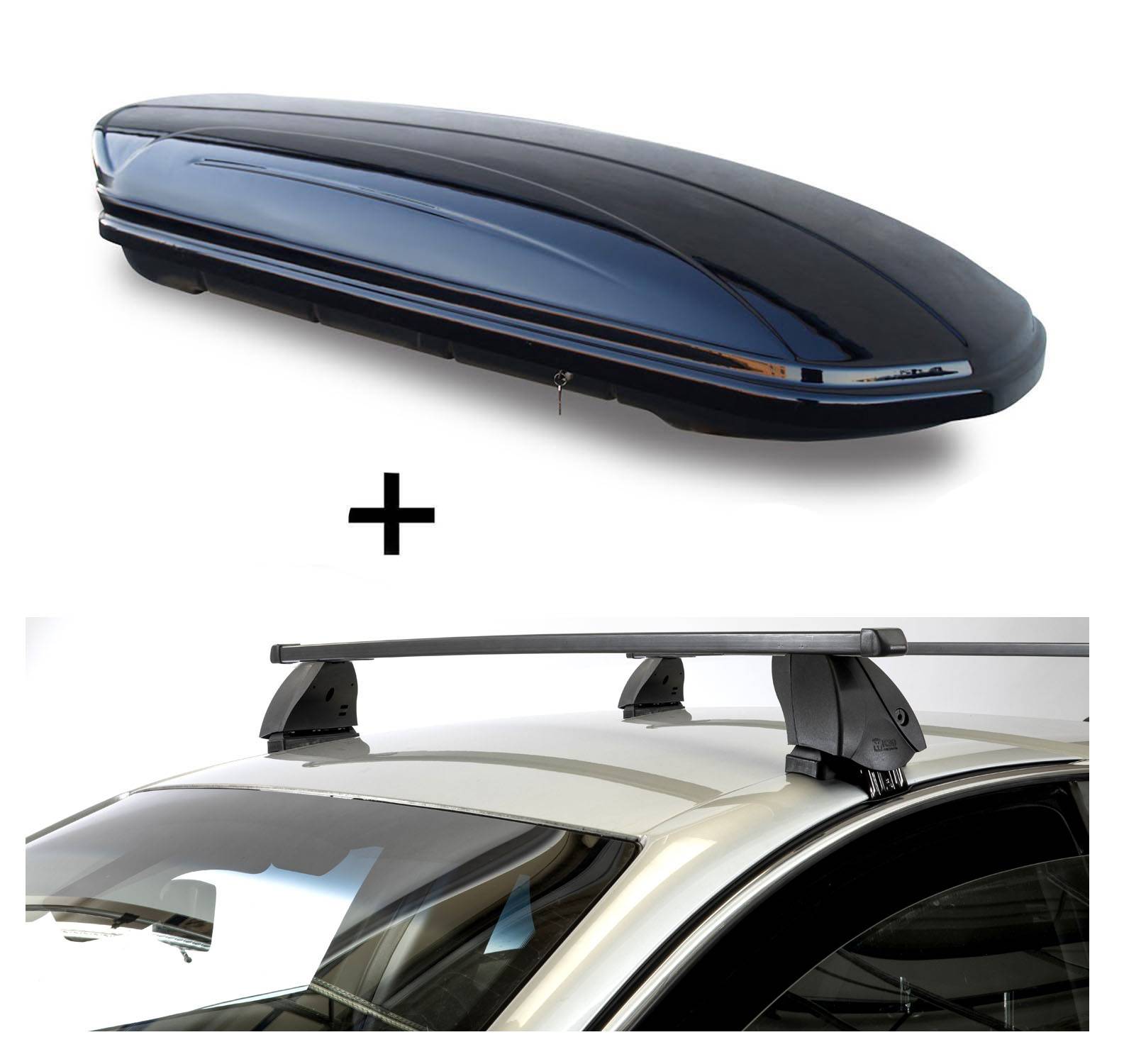 Dachbox VDPMAA460 460 Liter schwarz glänzend abschließbar + Dachträger K1 MEDIUM kompatibel mit Dodge Ram 1500 (4Türer) ab 09