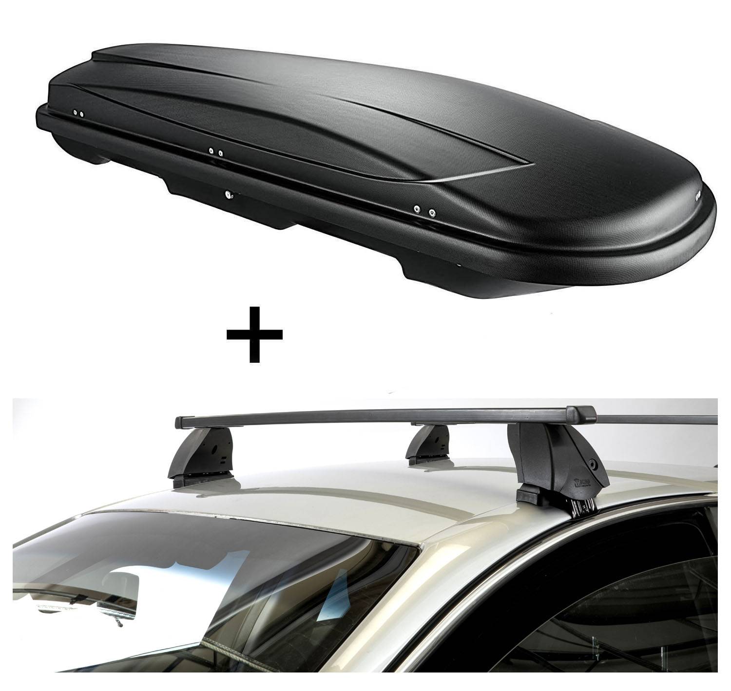Dachbox VDPJUXT500 500 Liter abschließbar schwarz + Dachträger K1 MEDIUM kompatibel mit für VW Touran I (1T) (5Türer) 10-15
