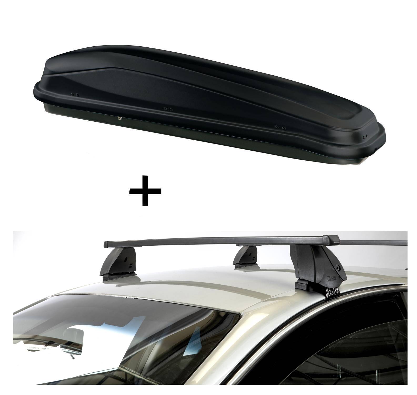 Dachbox JUEASY300 300 Liter schwarz + Dachträger K1 MEDIUM kompatibel mit für Land Rover für Range Rover Evoque (L538) (4Türer) ab 11