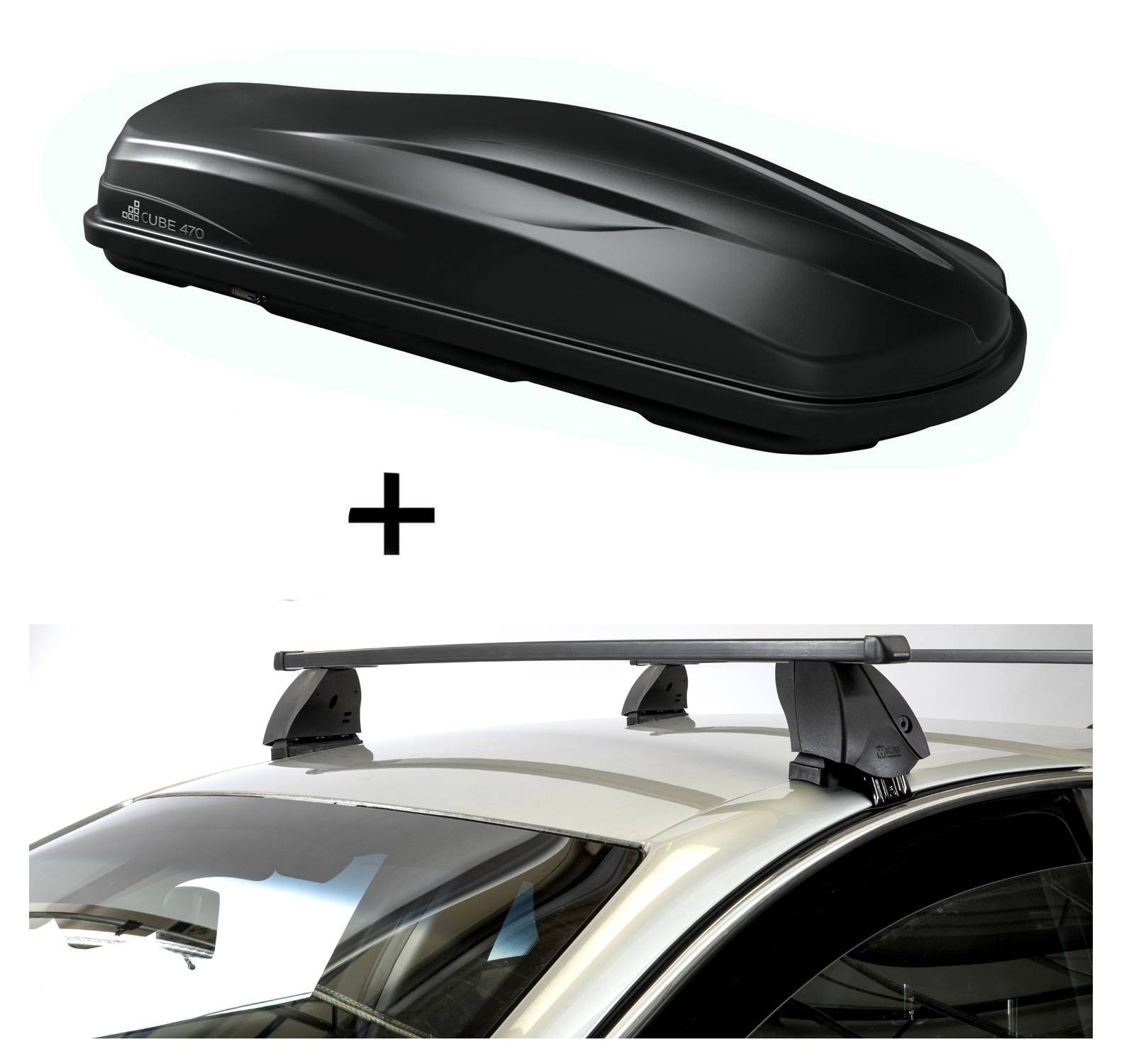 Dachbox CUBE470 470 Liter schwarz + Dachträger K1 MEDIUM kompatibel mit für Ford Mondeo III Station Wagon (5Türer) 10-14