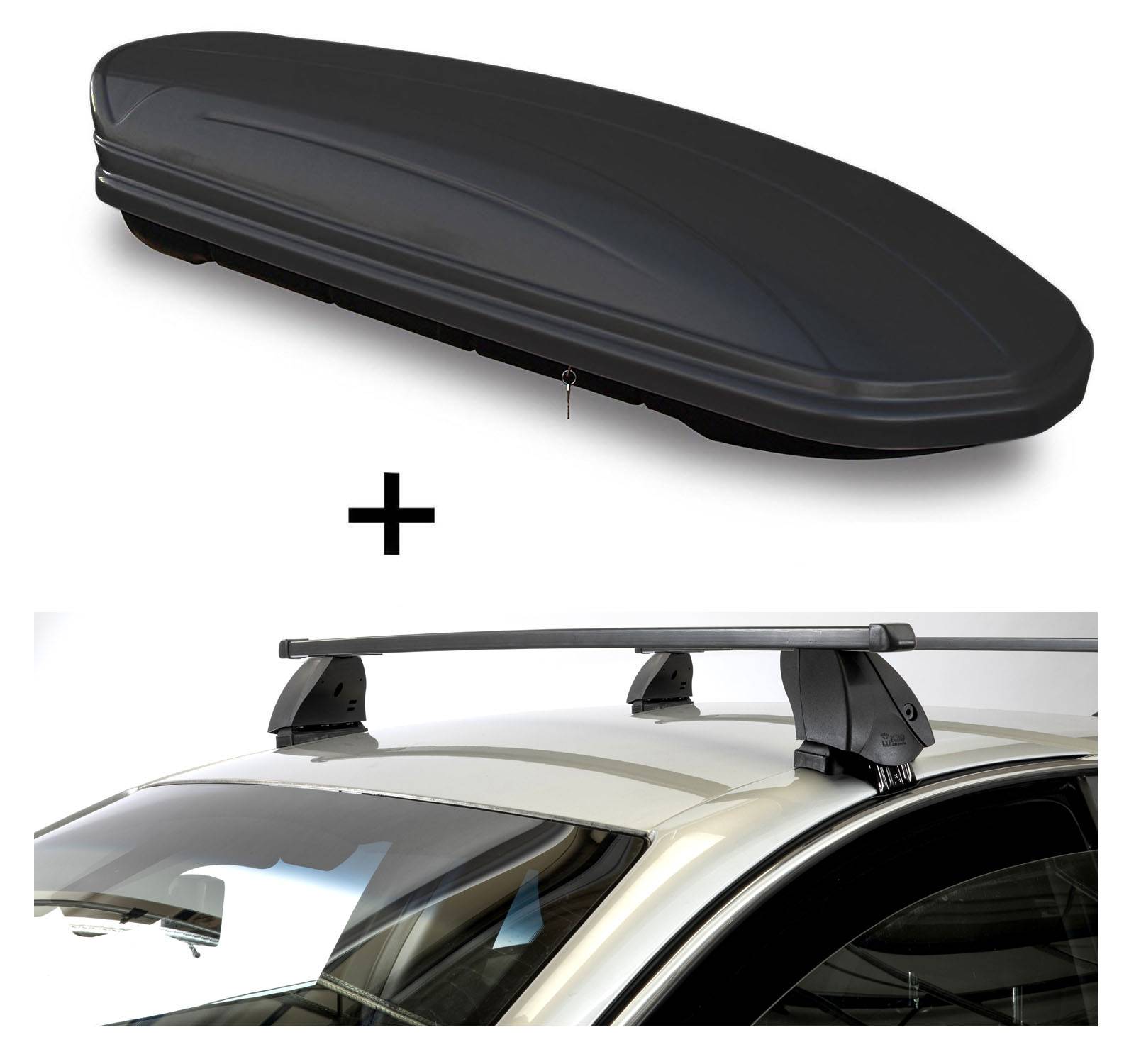 Dachbox VDPMAA460 460 Liter schwarz matt abschließbar + Dachträger K1 MEDIUM kompatibel mit für Land Rover für Range Rover 2 Sport (L494) (5Türer