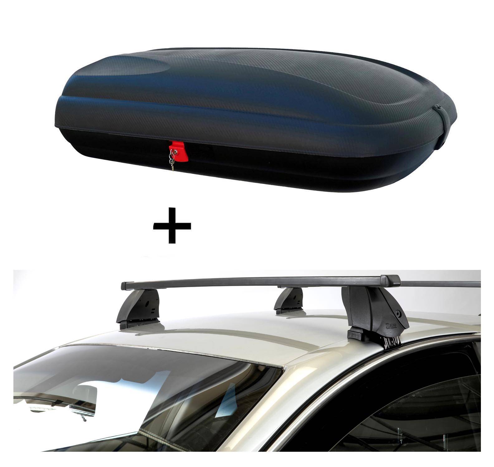 Dachbox VDPBA320 320 Liter carbonlook abschließbar + Dachträger K1 MEDIUM kompatibel mit für Audi A3 (8L) (4Türer) 96-03