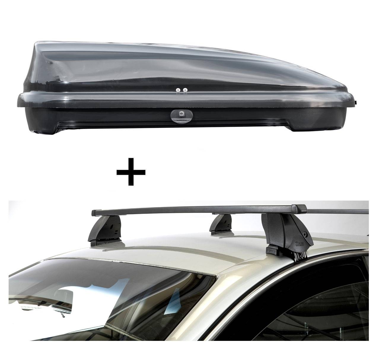 Dachbox VDPFL320 320 Liter schwarz glänzend + Dachträger K1 MEDIUM kompatibel mit für Fiat 500 L Living (5Türer) ab 13