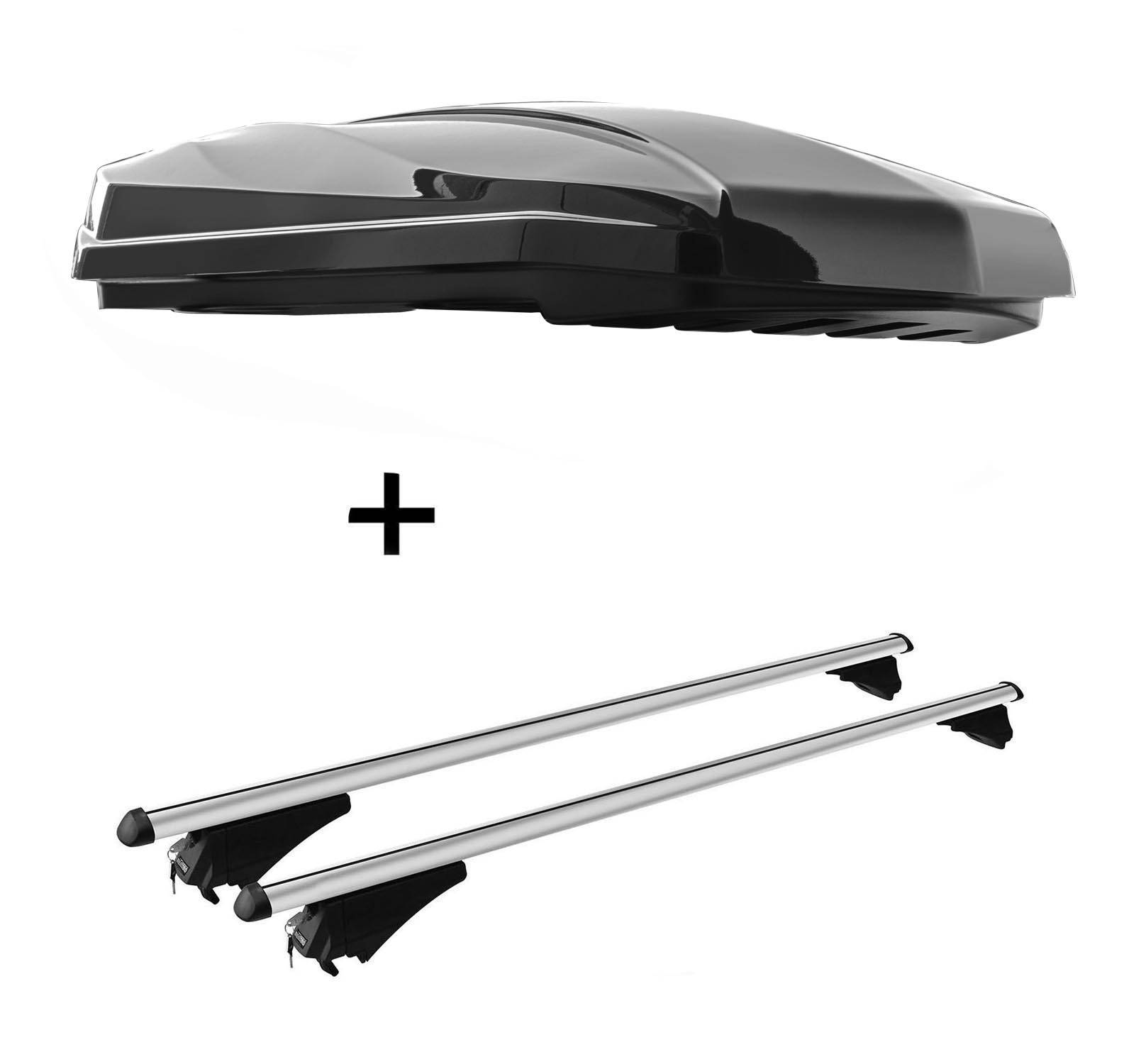 DACHBOX STRIKE 440 Liter schwarz hochglanz + Relingträger Tiger XL kompatibel mit für Citroen C4 Aircross ab 12