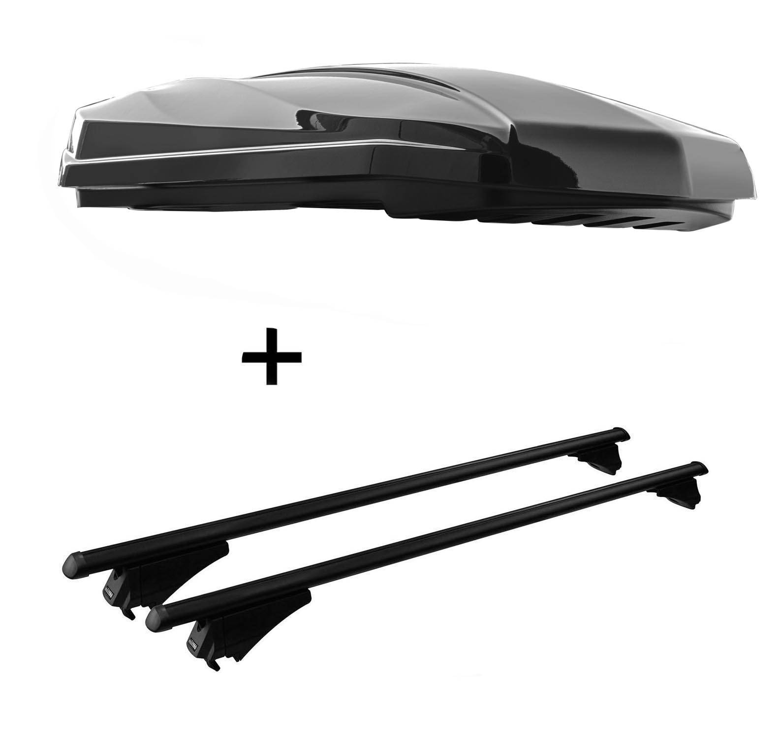 DACHBOX STRIKE 440 Liter schwarz hochglanz + Relingträger Tiger Alu XL kompatibel mit für Volvo V60 Cross Country ab 15
