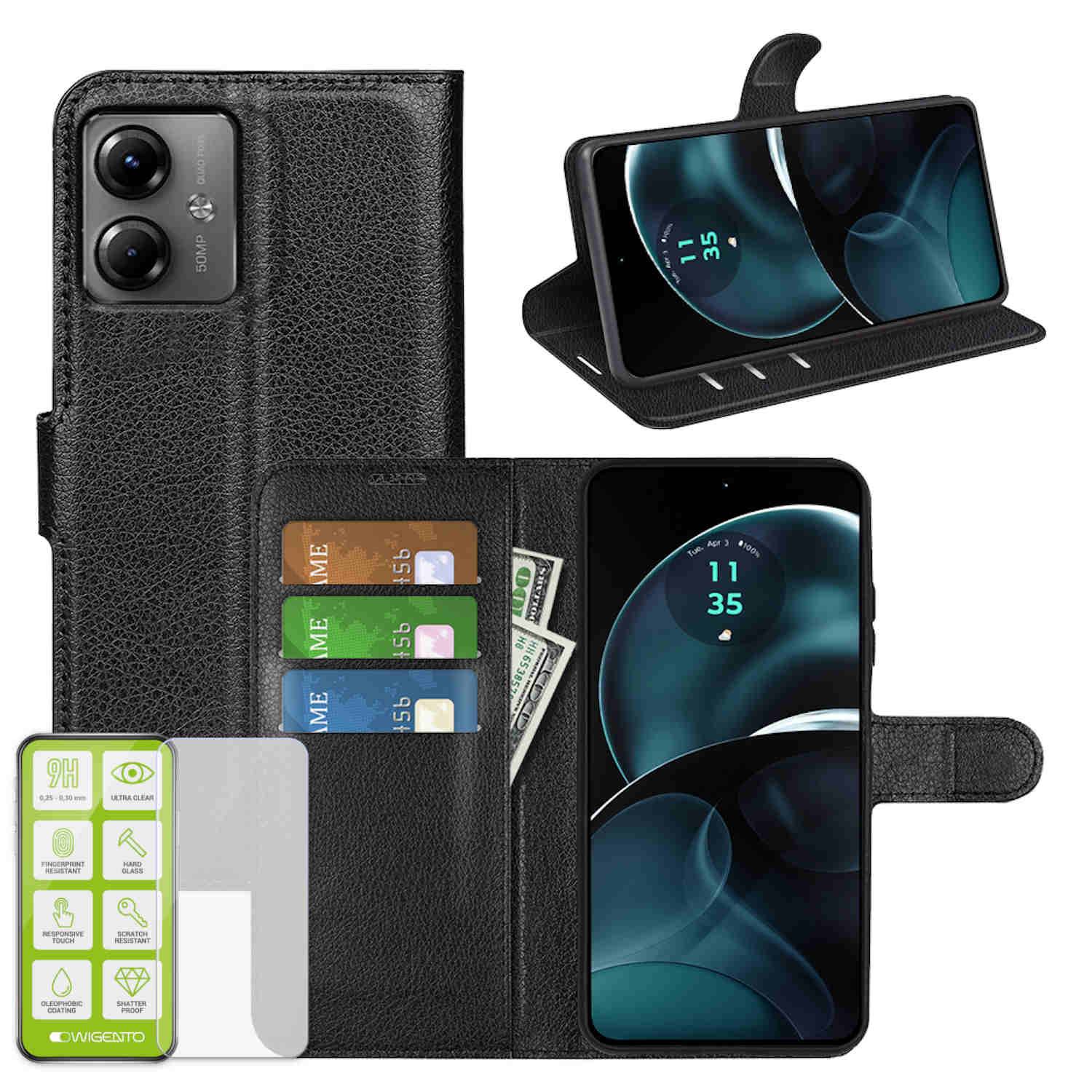 Für Motorola Moto G34 Book Wallet Handy Tasche Schwarz + Hart Glas