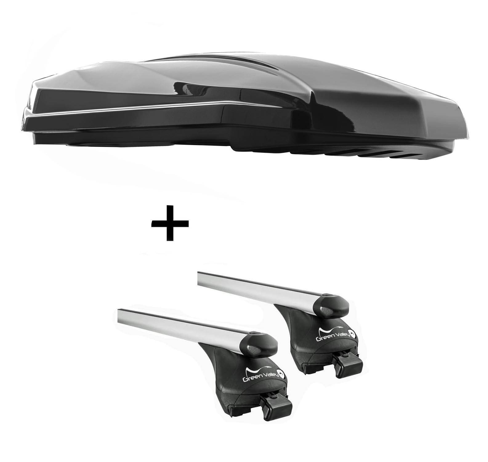 DACHBOX STRIKE 440 Liter schwarz hochglanz + Relingträger Quick L kompatibel mit für VW Tiguan ab 2007