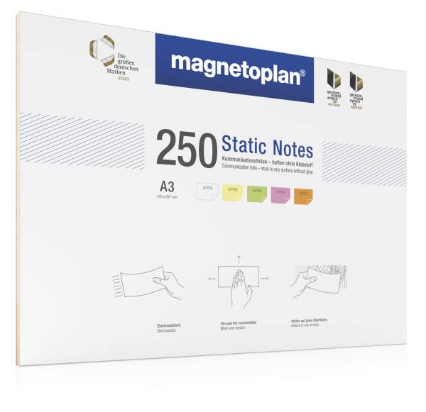 Magnetoplan Static Notes - DIN A3 - 5 Farben (Weiß/Gelb/Grün/Rosa/Orange) - 250Stk