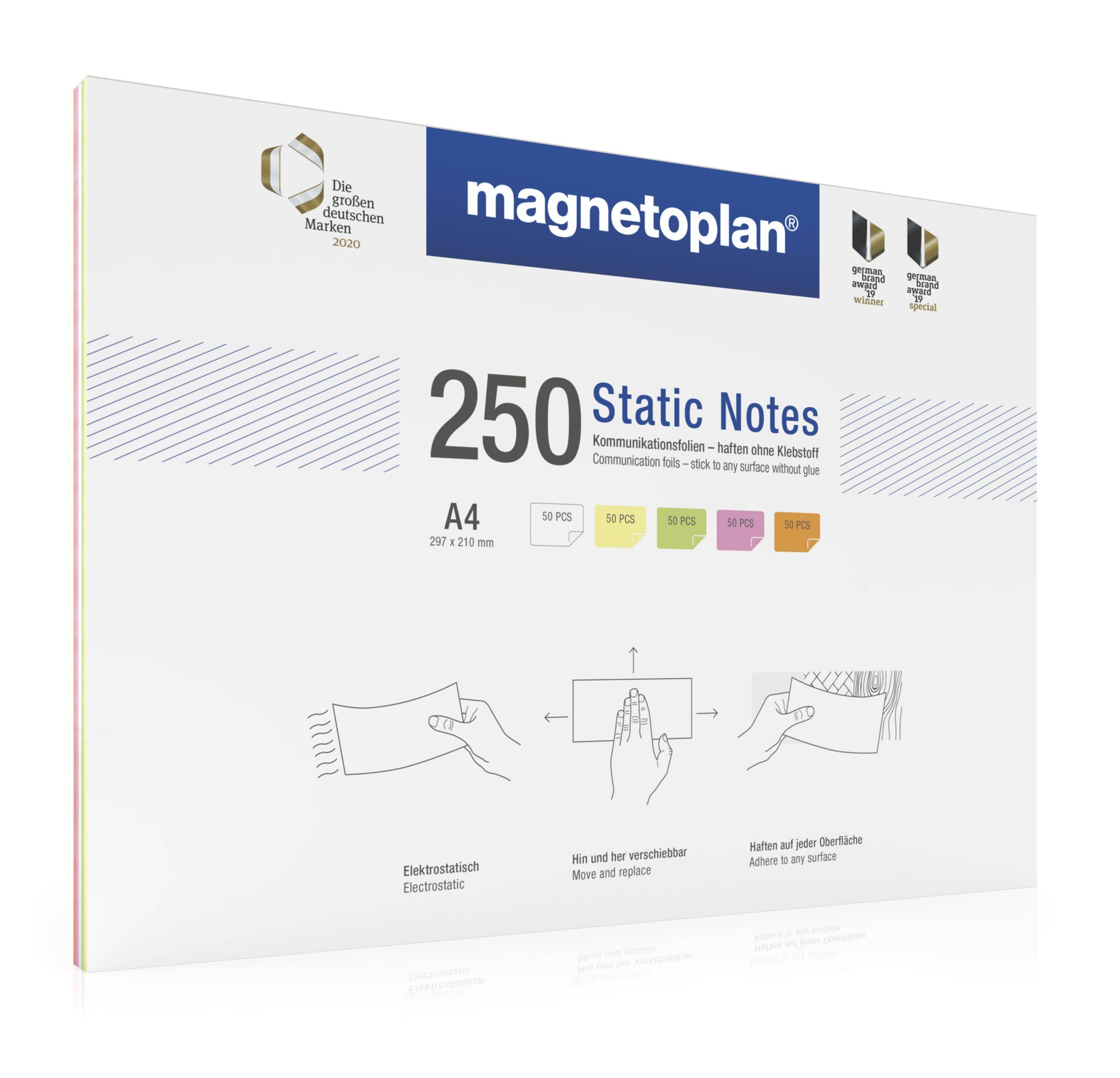 Magnetoplan Static Notes - DIN A4 - 5 Farben (Weiß/Gelb/Grün/Rosa/Orange) - 250Stk