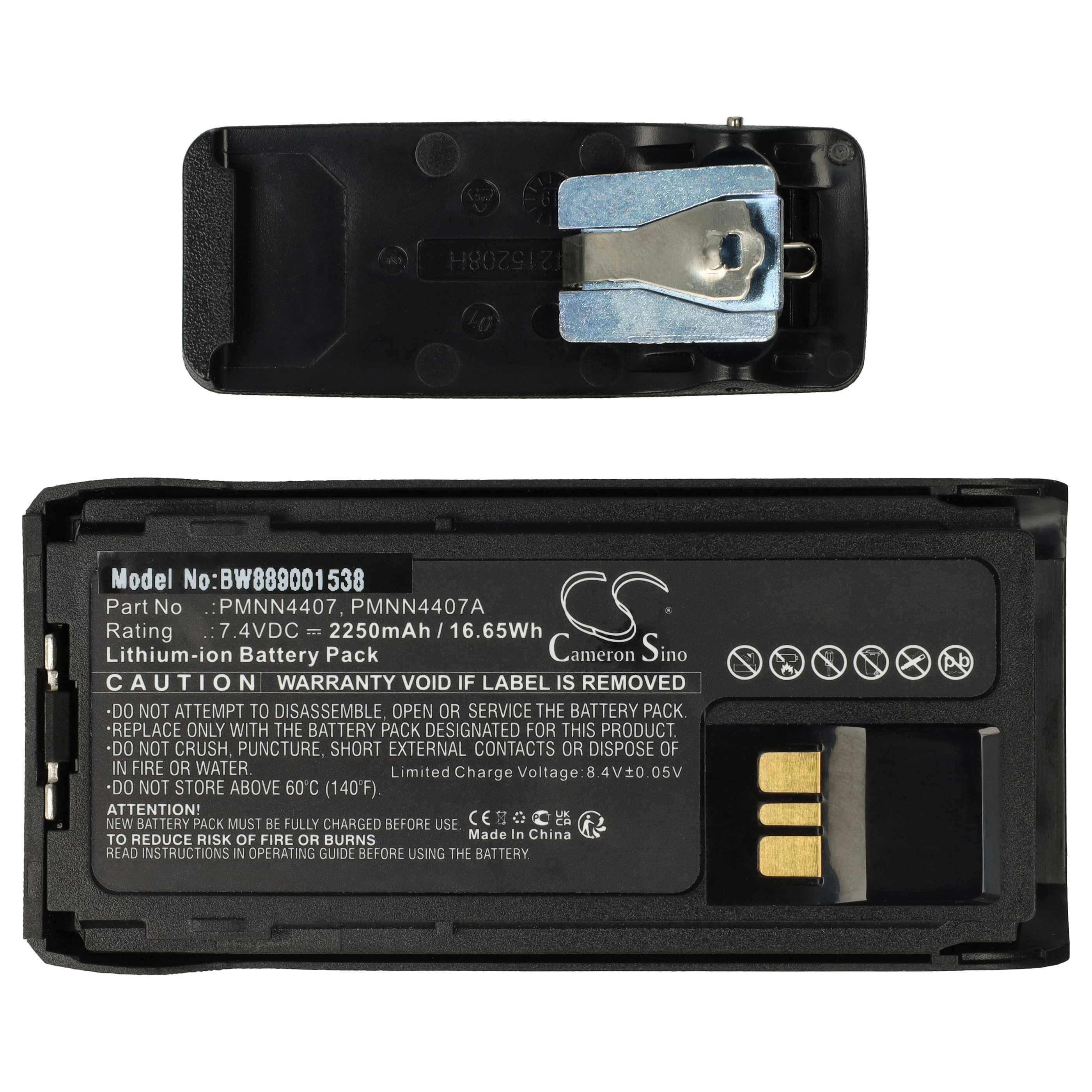 vhbw 1x Akku Ersatz für Motorola PMNN4807A, PMNN4808, PMNN4808A für Funkgerät, Walkie Talkie (2250 mAh, 7,4 V, Li-Ion) + Gürtelclip