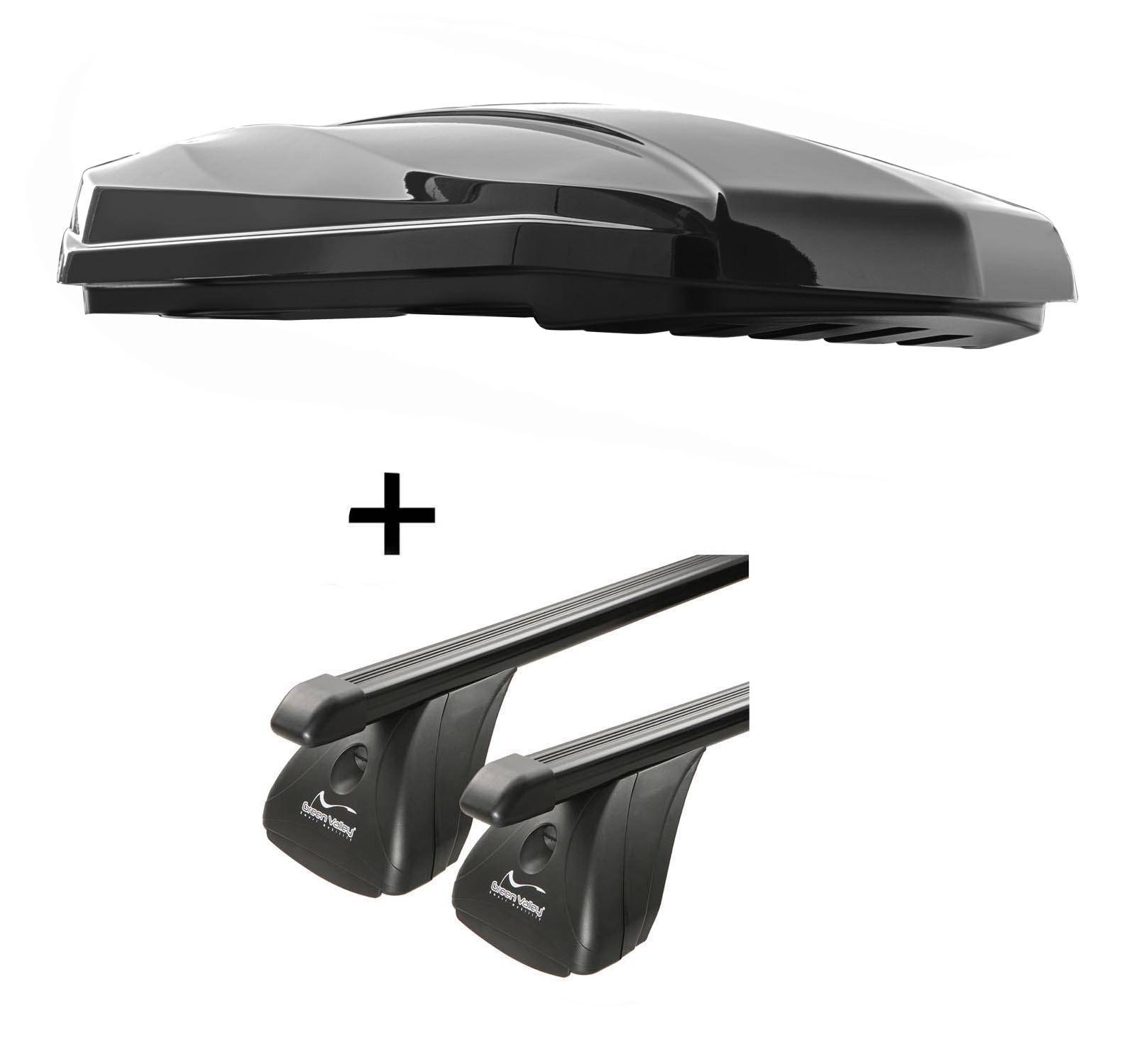 DACHBOX STRIKE 440 Liter schwarz hochglanz + Dachträger VDP Stahl kompatibel mit für Peugeot 508 4 Türer ab 2011