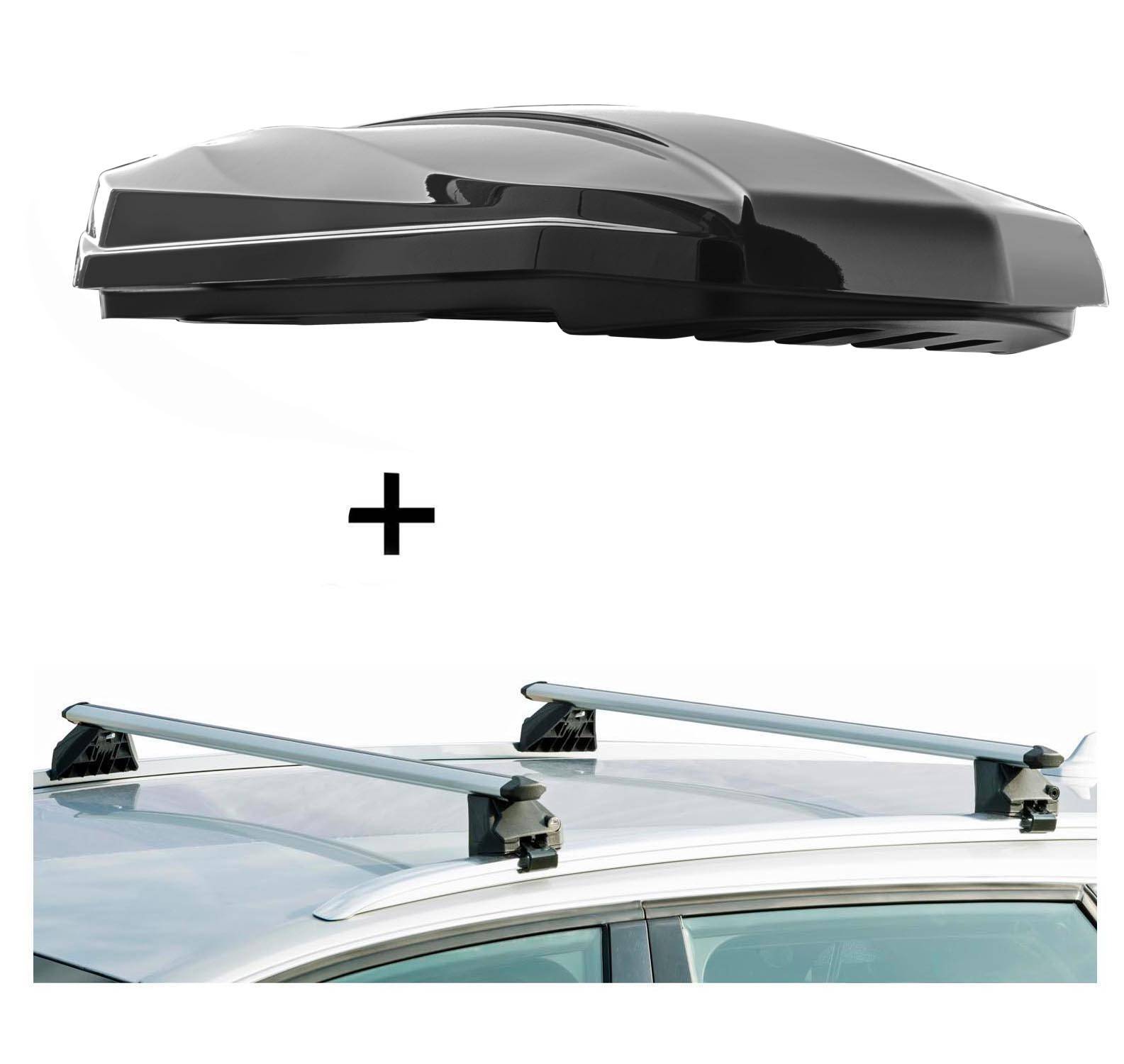 DACHBOX STRIKE 440 Liter schwarz hochglanz + Relingträger CRV120A kompatibel mit für Volvo V40 96-04