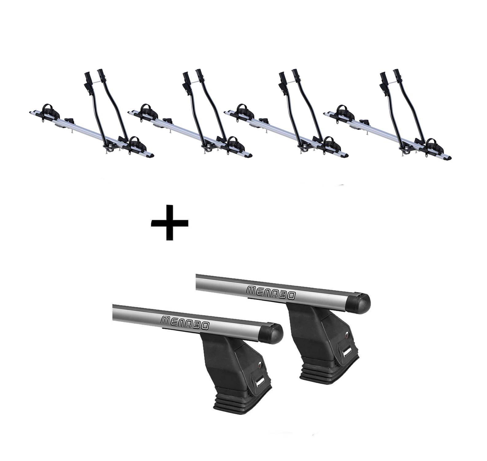 4x Fahrradträger SAGITTAR + Dachträger Menabo Tema kompatibel mit für VW Caddy (Hochdachkombi 5 Türer) ab 2012
